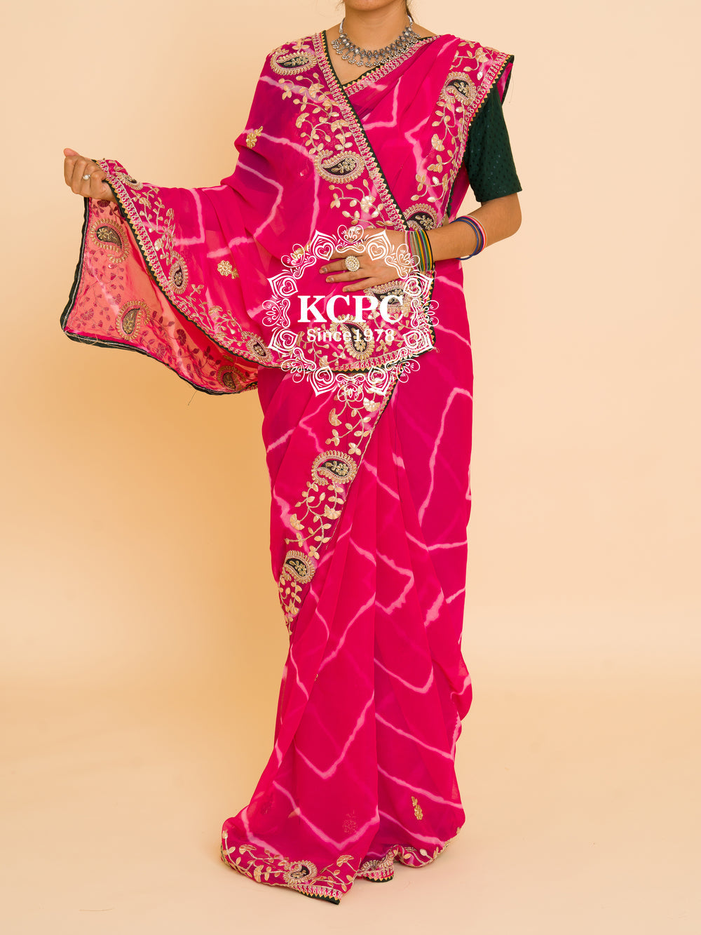 60-60 Georgette leheriya with embroidery with gota patti work saree, kc ash