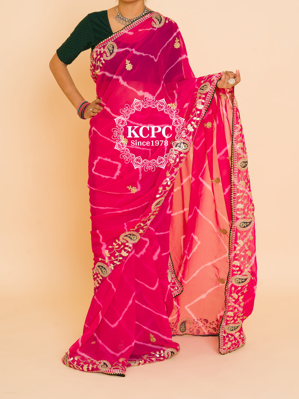 60-60 Georgette leheriya with embroidery with gota patti work saree, kc ash