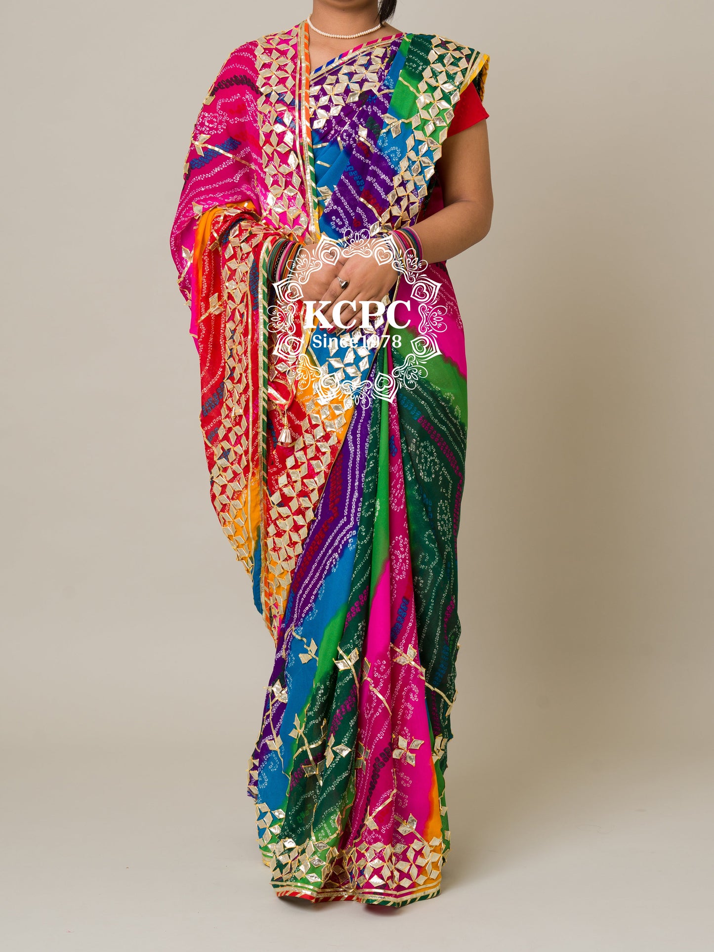 KCPC Special Pure Georgette Pachranga Bandhej Gotapatti Work Saree mhs