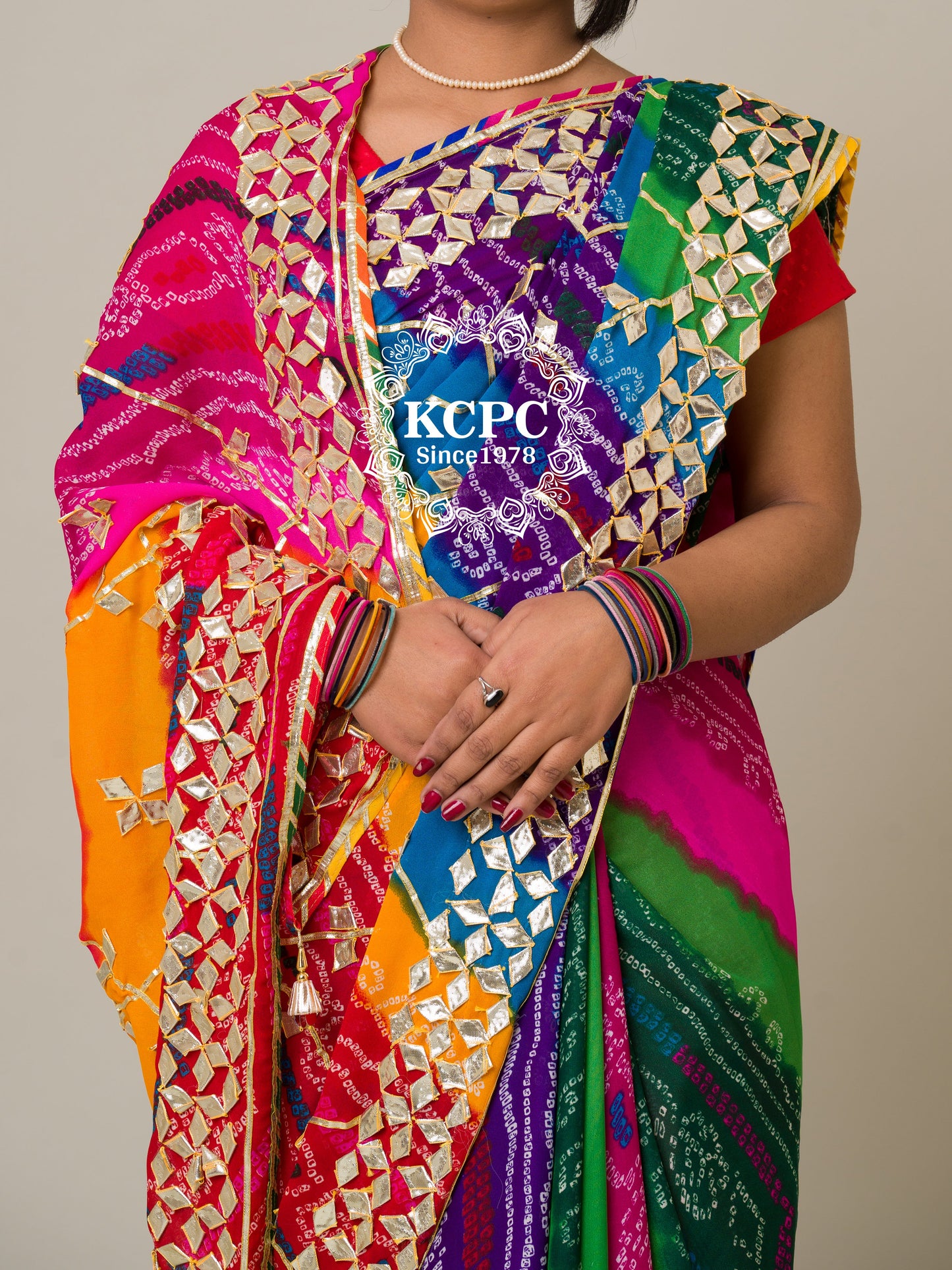 KCPC Special Pure Georgette Pachranga Bandhej Gotapatti Work Saree mhs