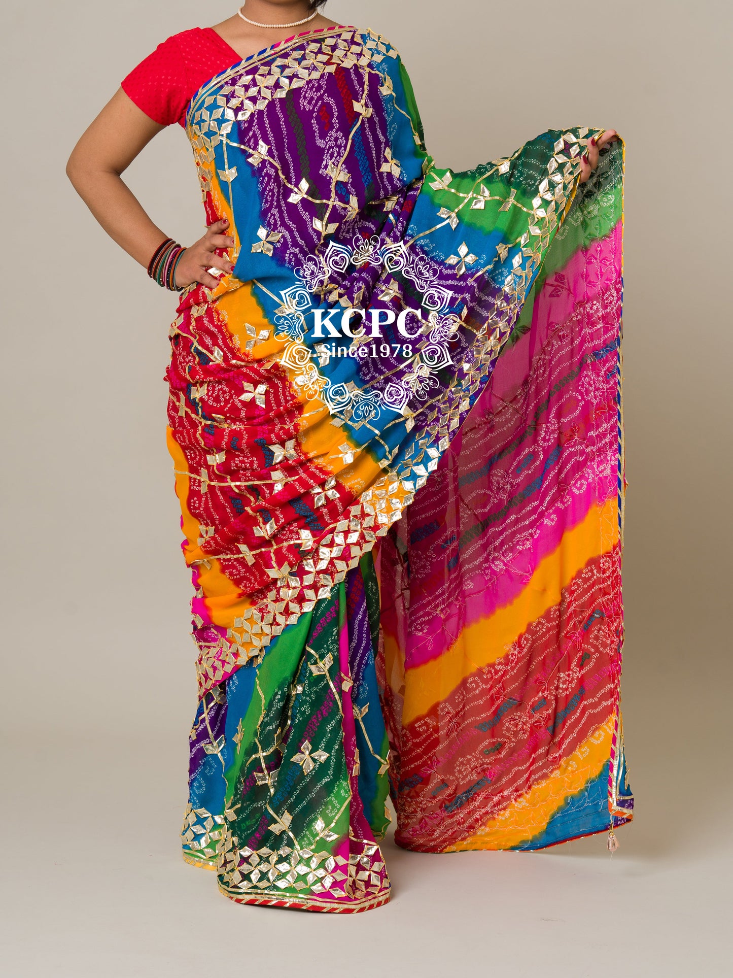 KCPC Special Pure Georgette Pachranga Bandhej Gotapatti Work Saree mhs