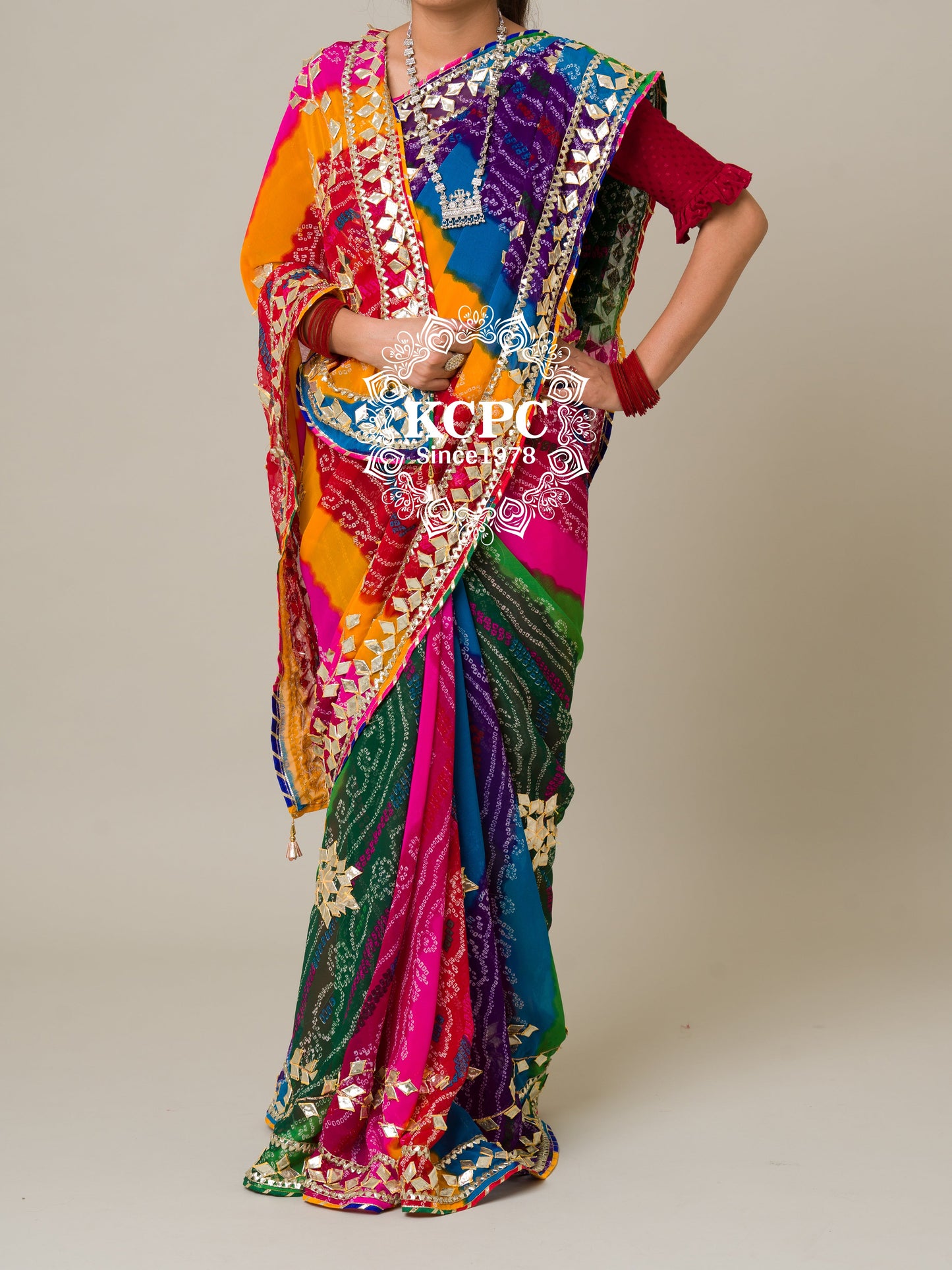 KCPC Special Pure Georgette Multi Colour Bandhani Leheriya Gotapatti Work Saree mhs