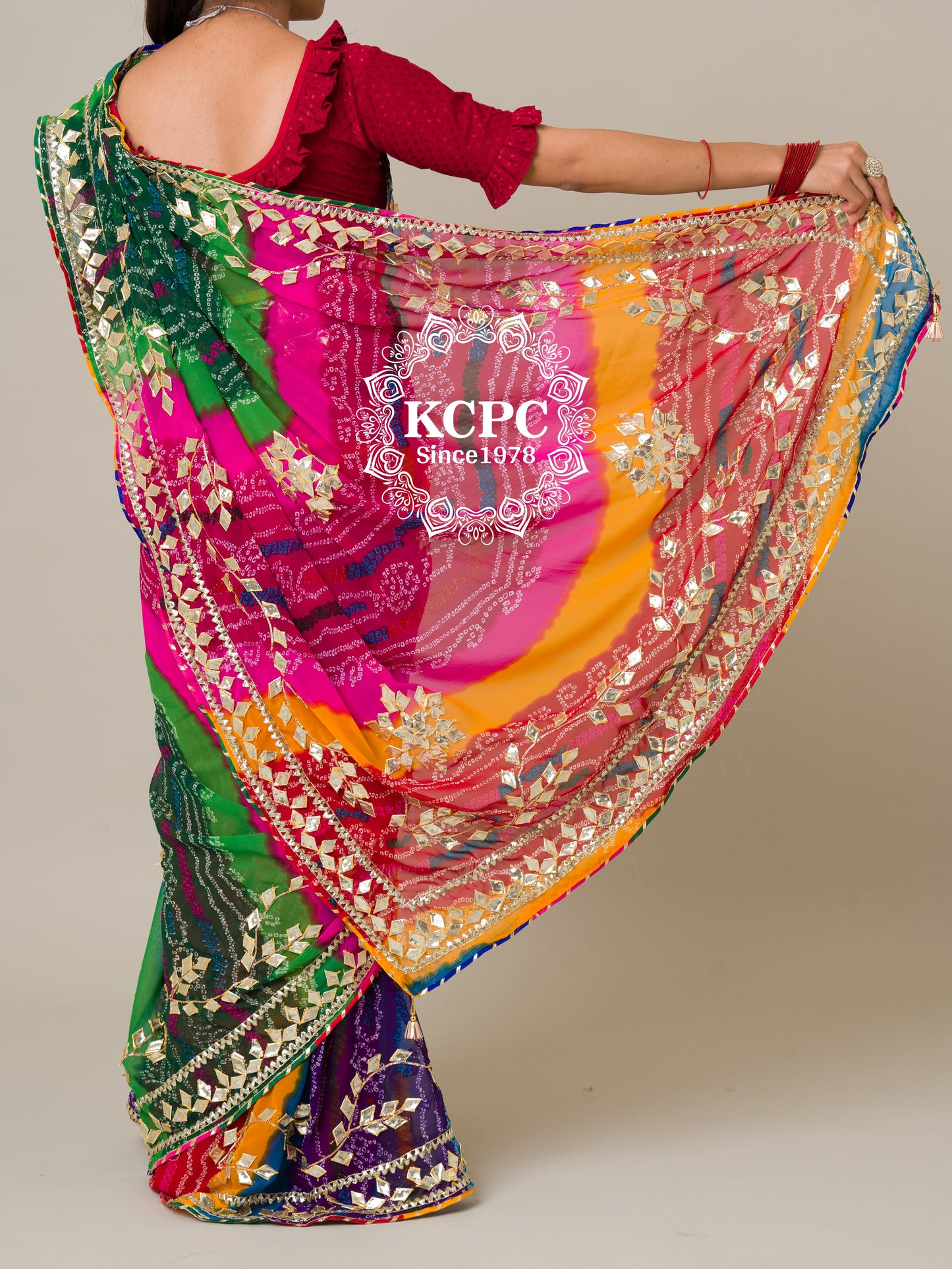 KCPC Special Pure Georgette Multi Colour Bandhani Leheriya Gotapatti Work Saree mhs