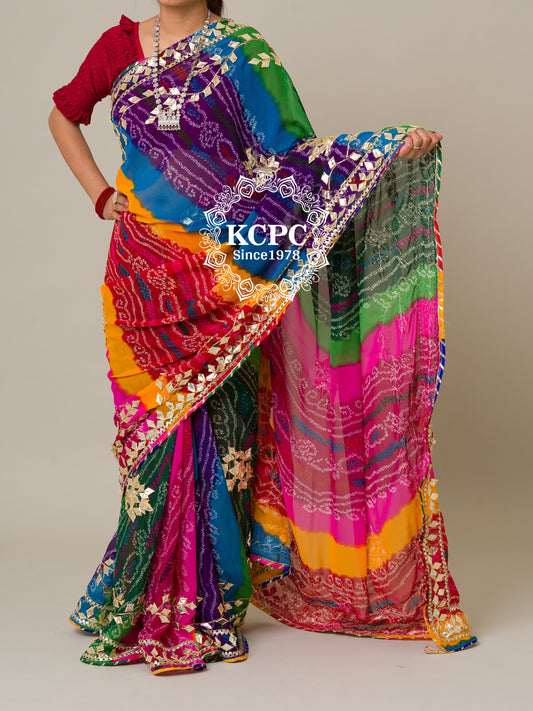 KCPC Special Pure Georgette Multi Colour Bandhani Leheriya Gotapatti Work Saree mhs