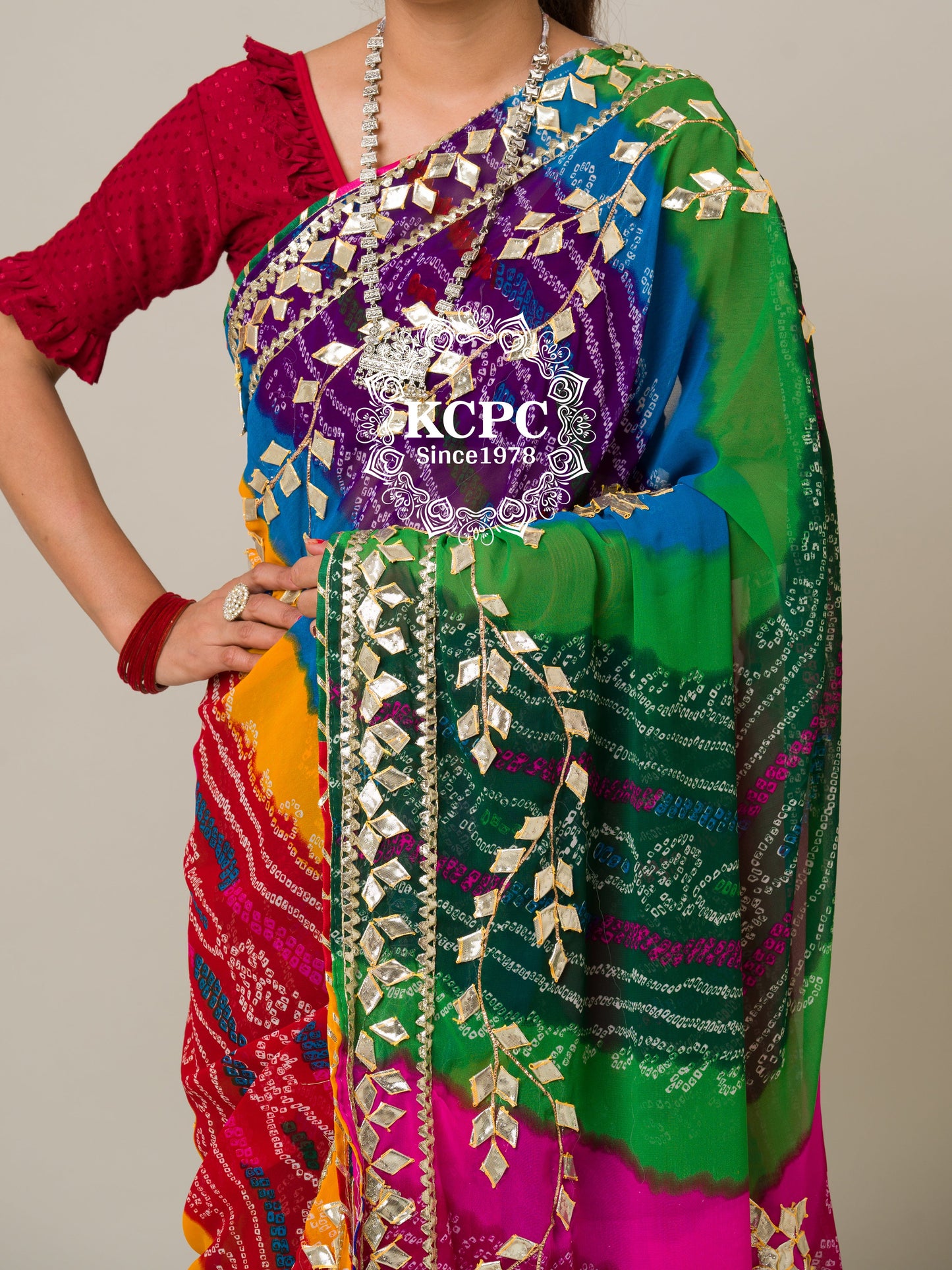 KCPC Special Pure Georgette Multi Colour Bandhani Leheriya Gotapatti Work Saree mhs