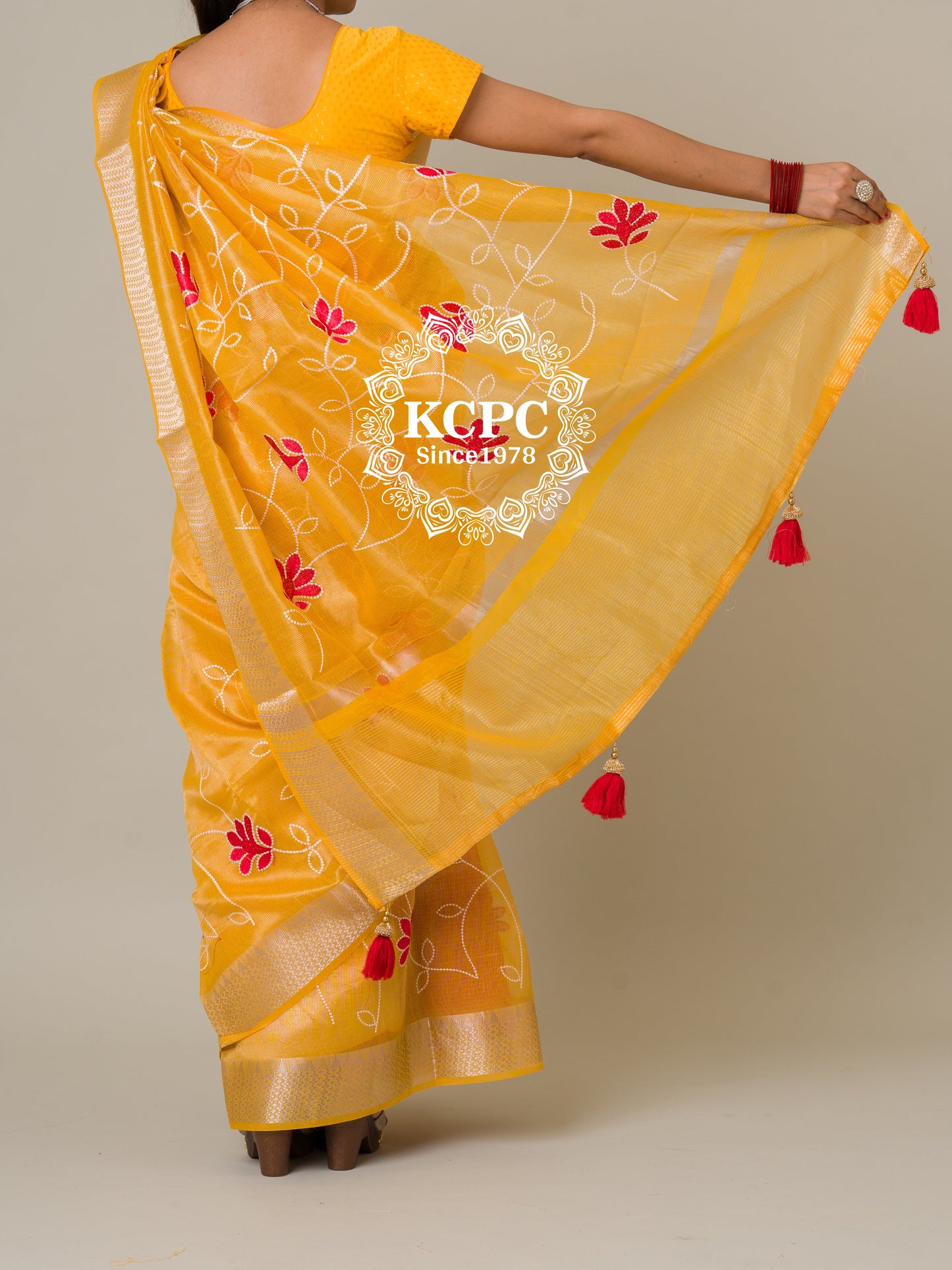 Pure Tusser Cotton Silk Kashida Embroidery work With blouse Saree