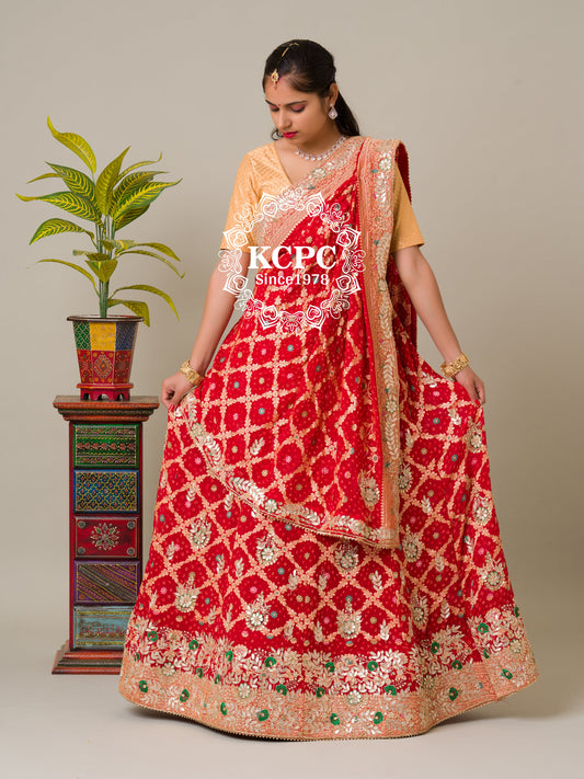 Pure Khaddi Georgette Banarasi Bandhej Ghatchola Gota Patti Lehenga,KCPC,NR