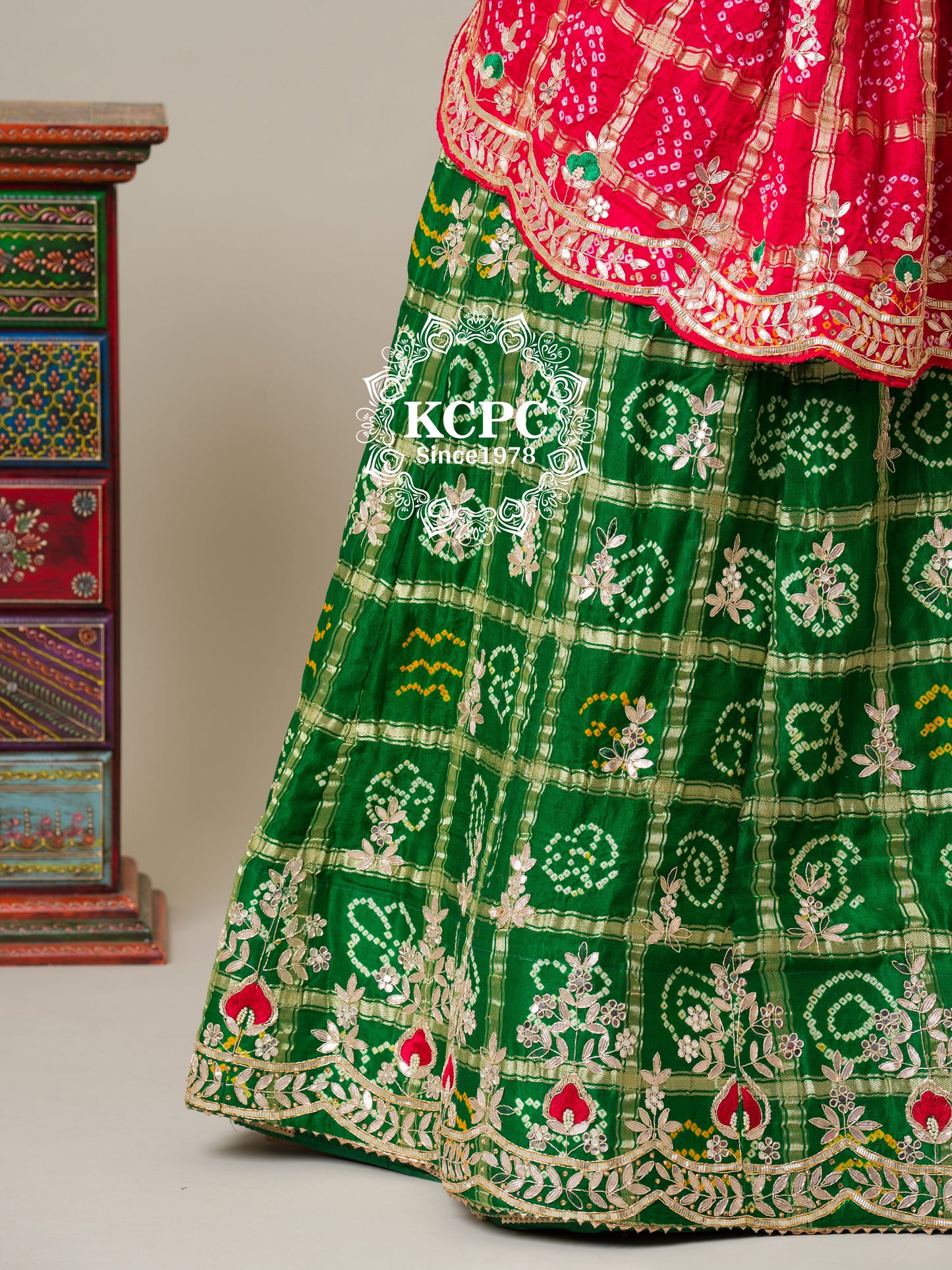 Pure Gaji Silk Bandhani Ghatchola Gotapatti Work Lehenga Chunni Set, KCPC, NR