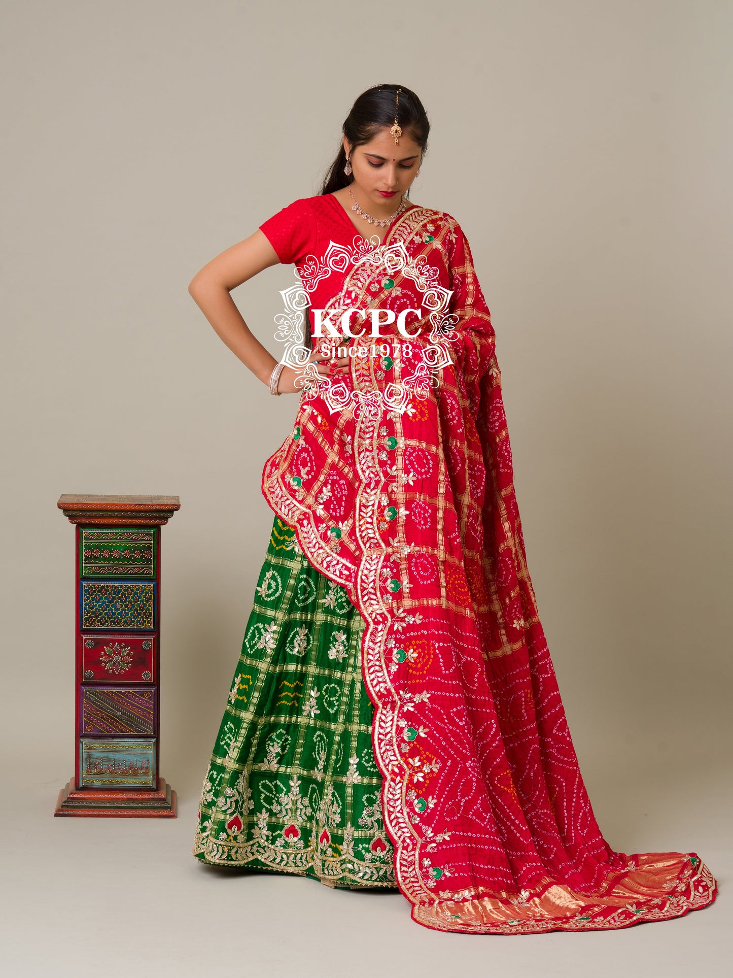 Pure Gaji Silk Bandhani Ghatchola Gotapatti Work Lehenga Chunni Set, KCPC, NR