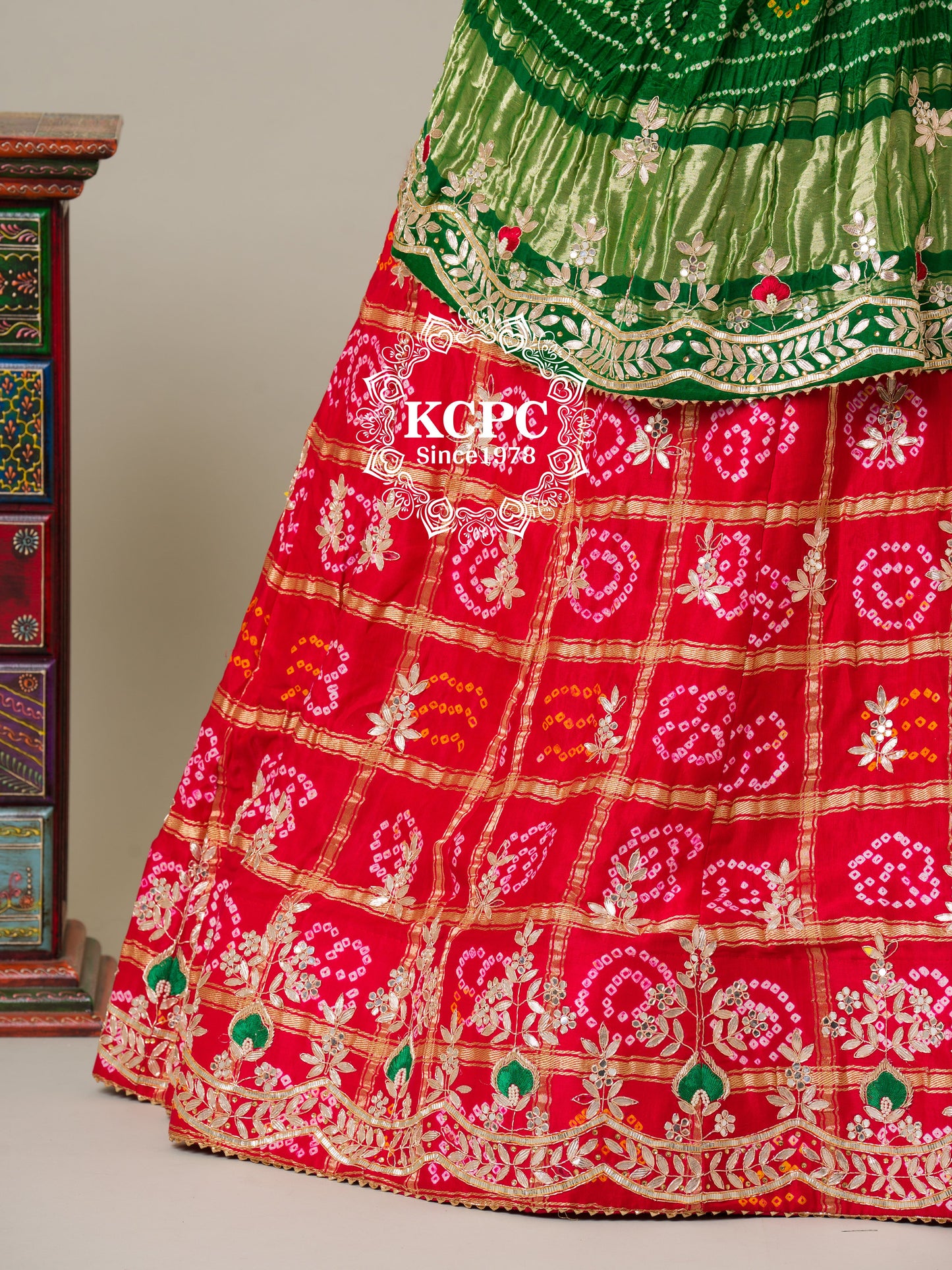 Pure Gaji Silk Bandhani Ghatchola Gotapatti Work Lehenga Chunni Set, KCPC, NR