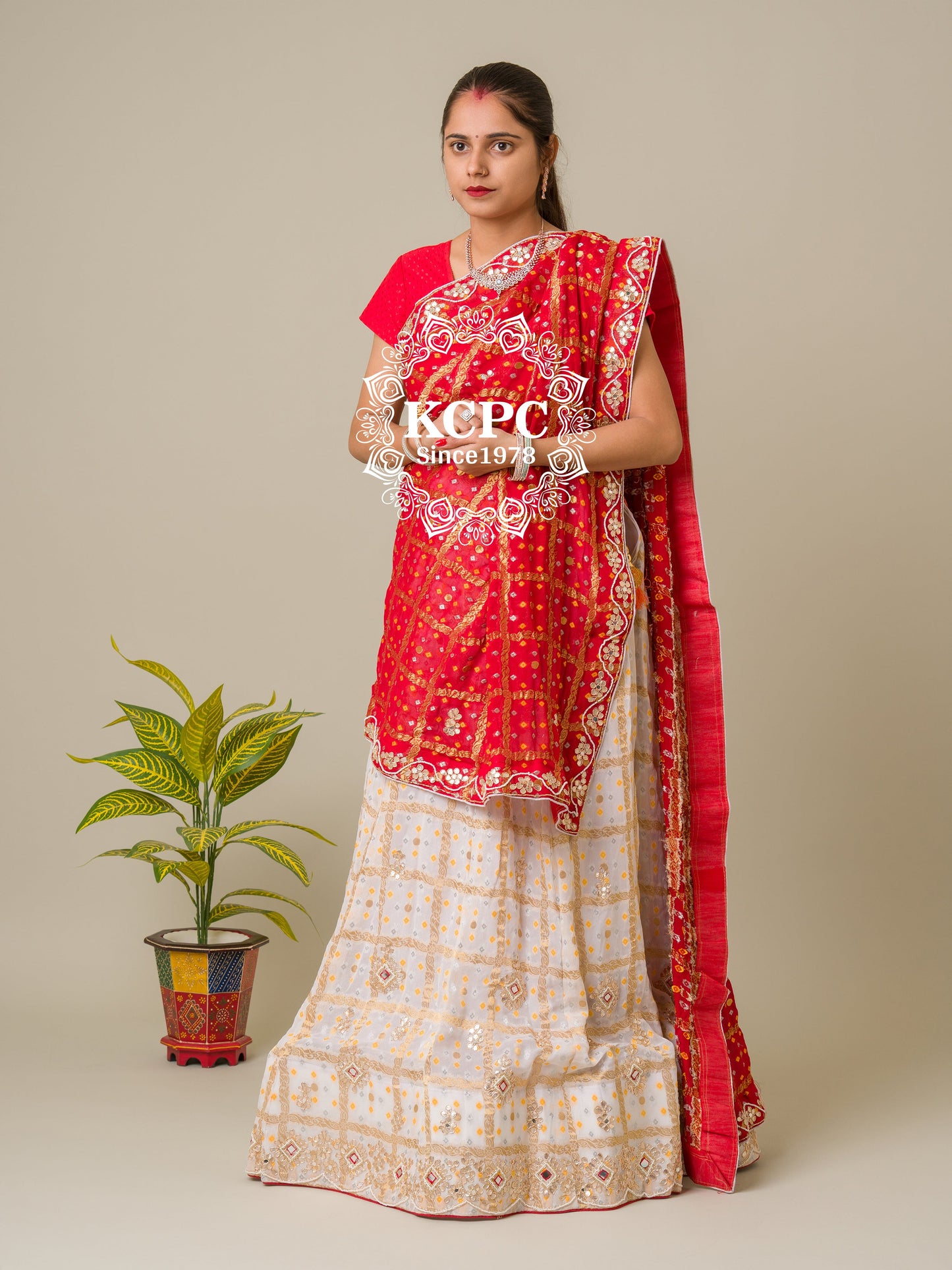 Pure Georgette Bandhani Ghatchola Panetar Theme Jaipuri Lehenga Set with Red Dupatta, BIT