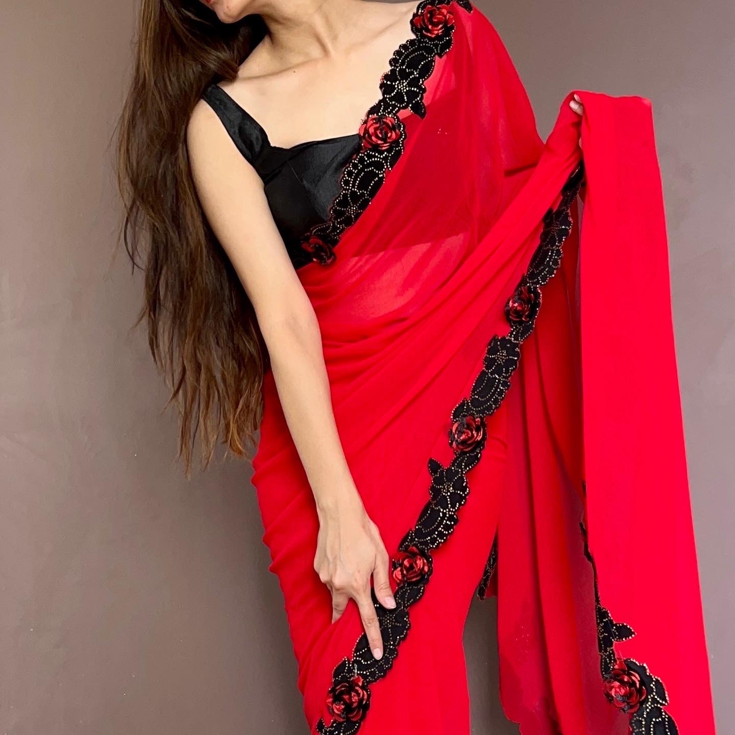 New designer red and black chiffon saree with price.