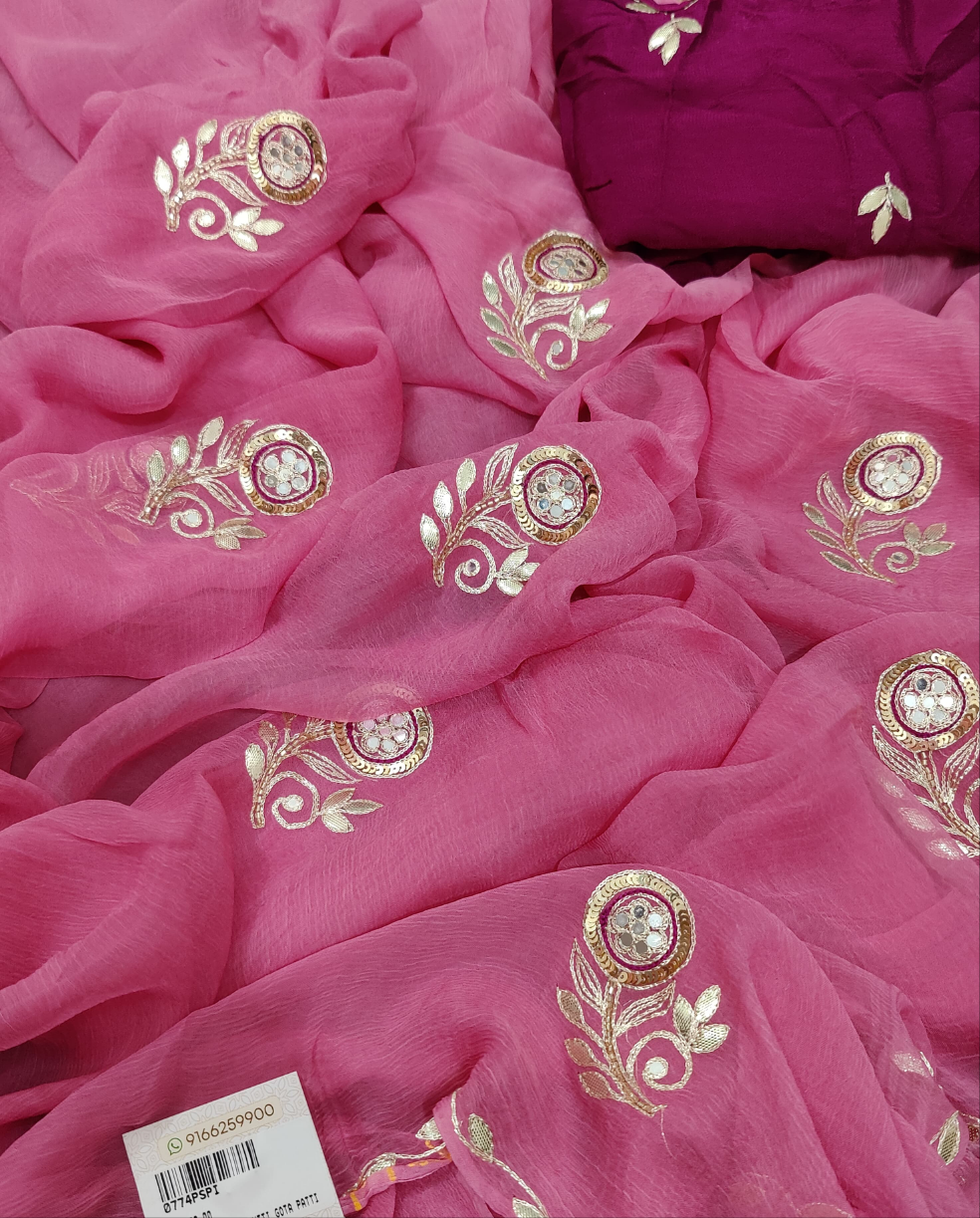 New Launch Pure Chiffon Jaipuri Gotapatti Work Saree With Blouse,VND