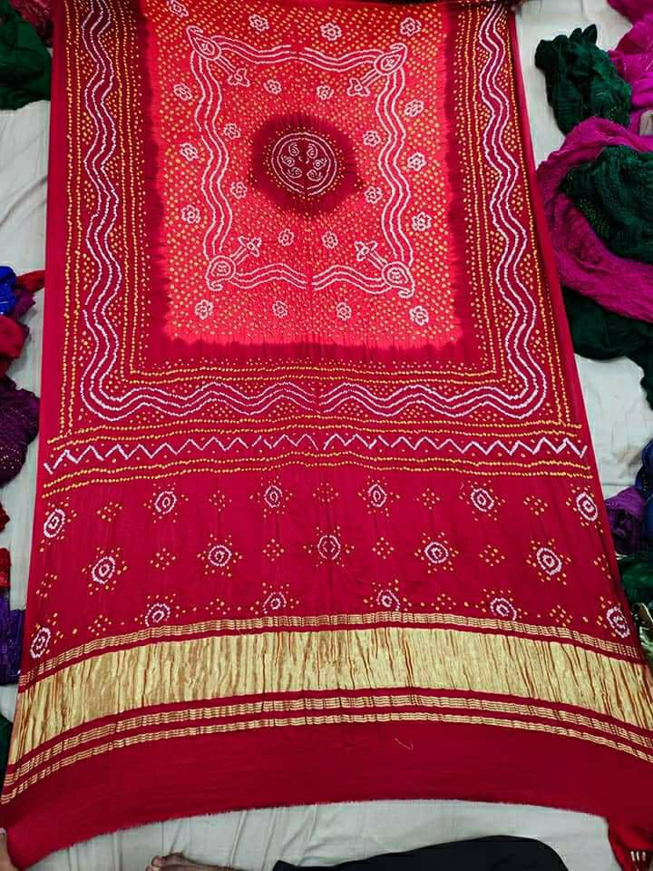 Pure Gaji Silk Bandhani Chandokhani Dupatta Red Peach Dupatta