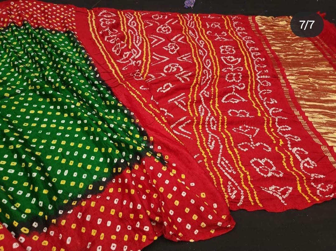 Pure Gaji Silk Rai Bandhej Ekdana Saree Green Red Saree