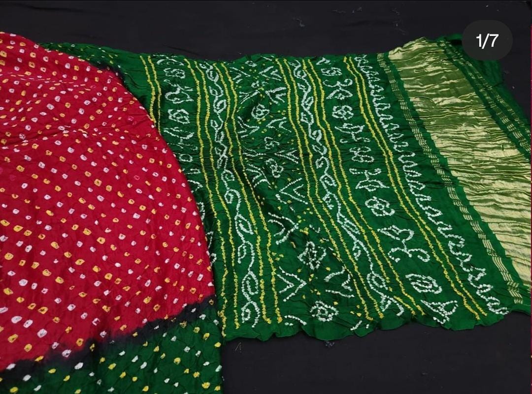 Pure Gaji Silk Rai Bandhej Ekdana Saree Red Green Saree