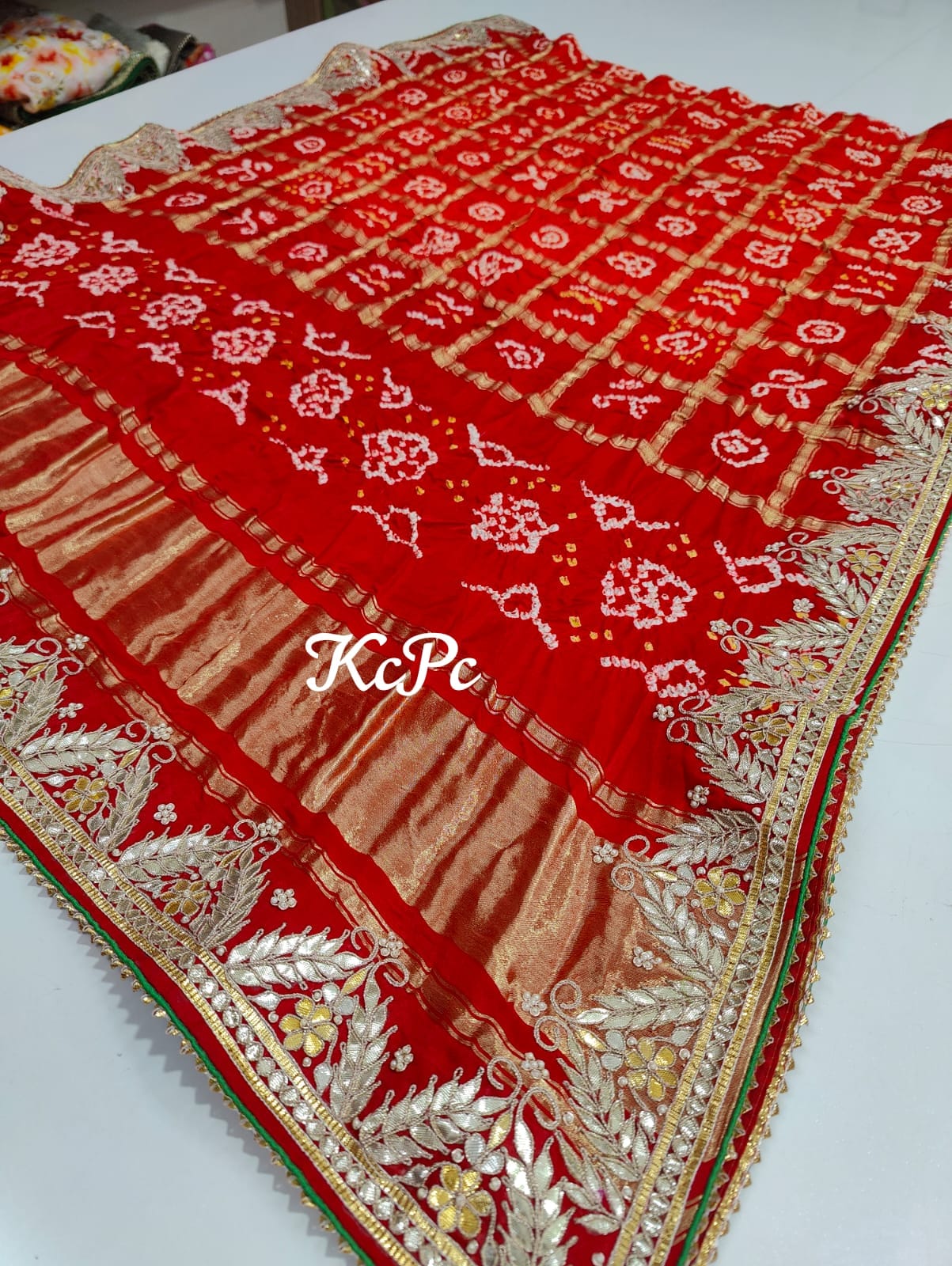 Pure Gaji Silk Bandhani Ghatchola Pila Chunri Dupatta In Hand Gotapatti Work Ir Kcpc