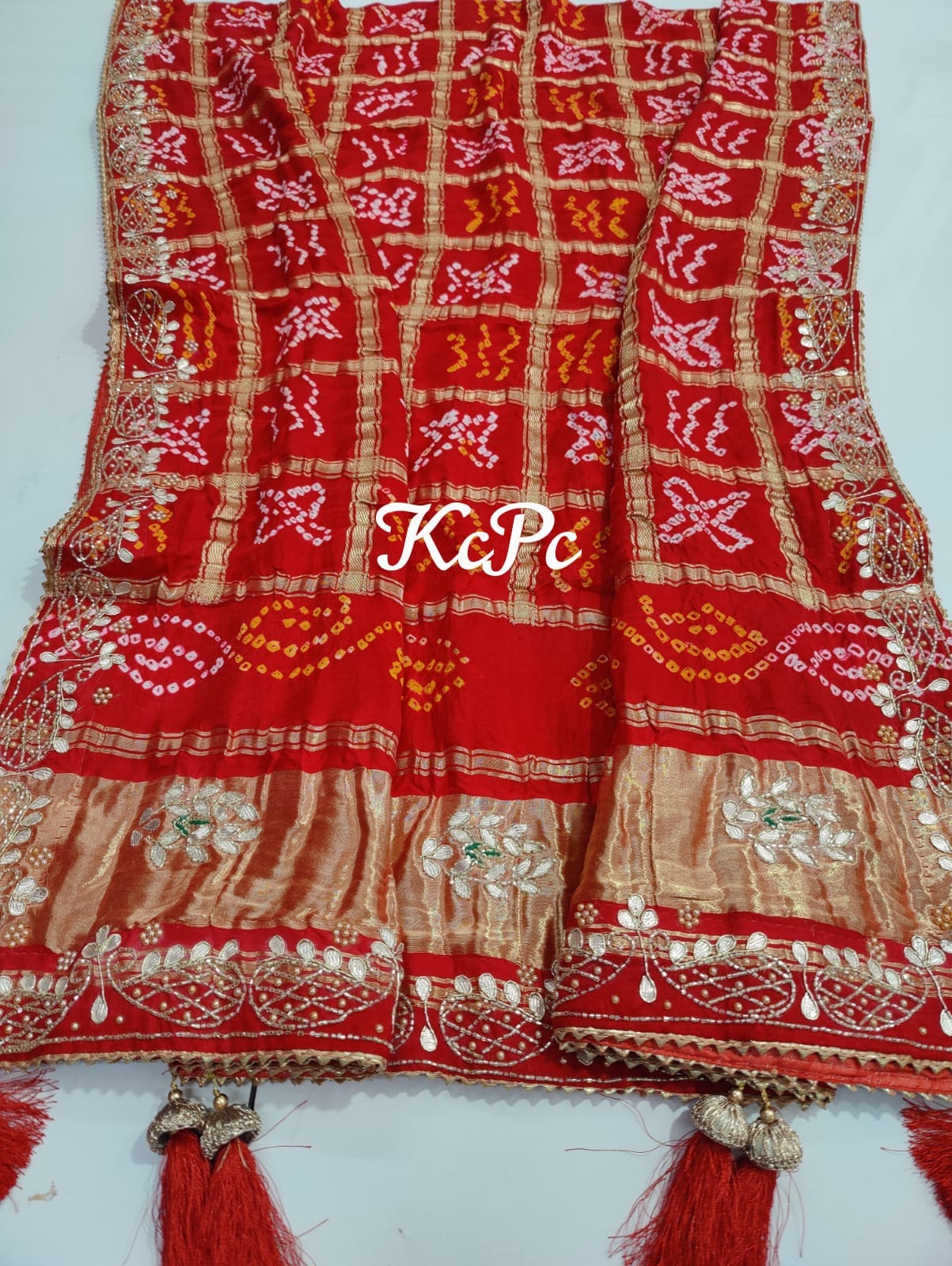 Pure Gaji Silk Bandhani Ghatchola Chunri Dupatta In Hand Cutdana Gotapatti Work Nr Kcpc