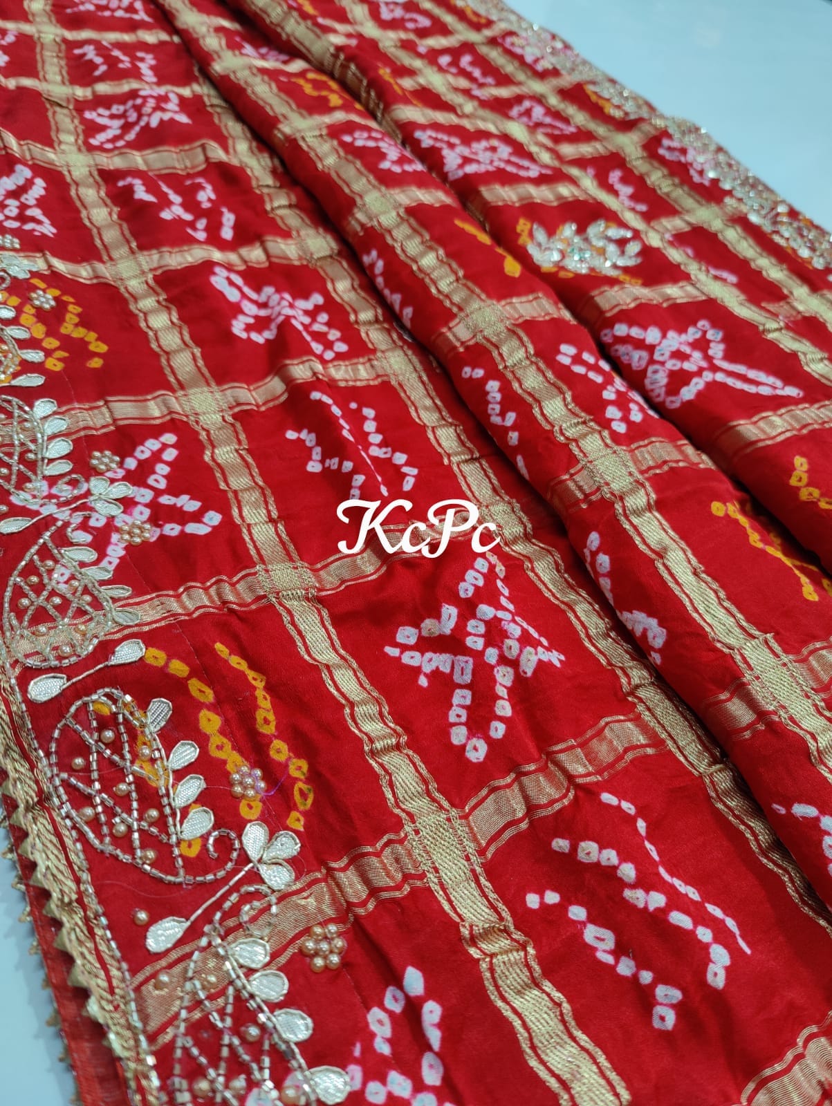 Pure Gaji Silk Bandhani Ghatchola Chunri Dupatta In Hand Cutdana Gotapatti Work Nr Kcpc