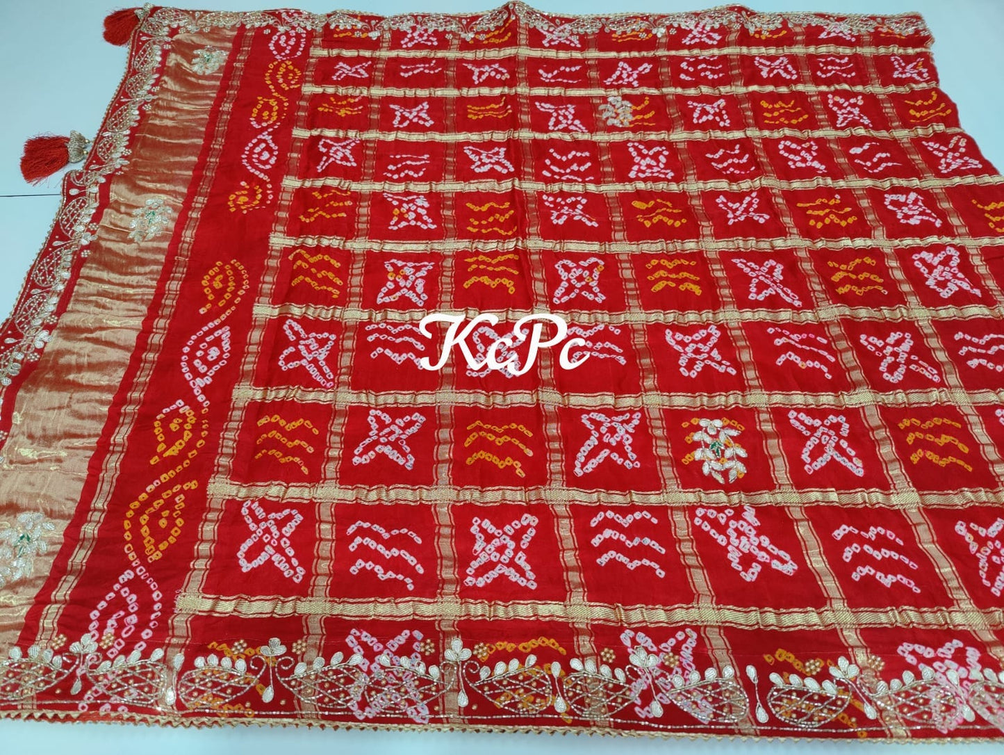 Pure Gaji Silk Bandhani Ghatchola Chunri Dupatta In Hand Cutdana Gotapatti Work Nr Kcpc