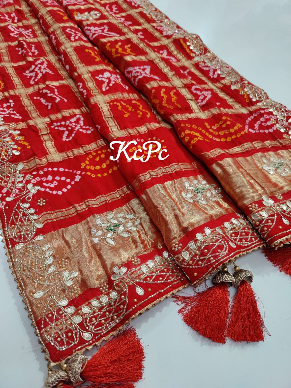 Pure Gaji Silk Bandhani Ghatchola Chunri Dupatta In Hand Cutdana Gotapatti Work Nr Kcpc