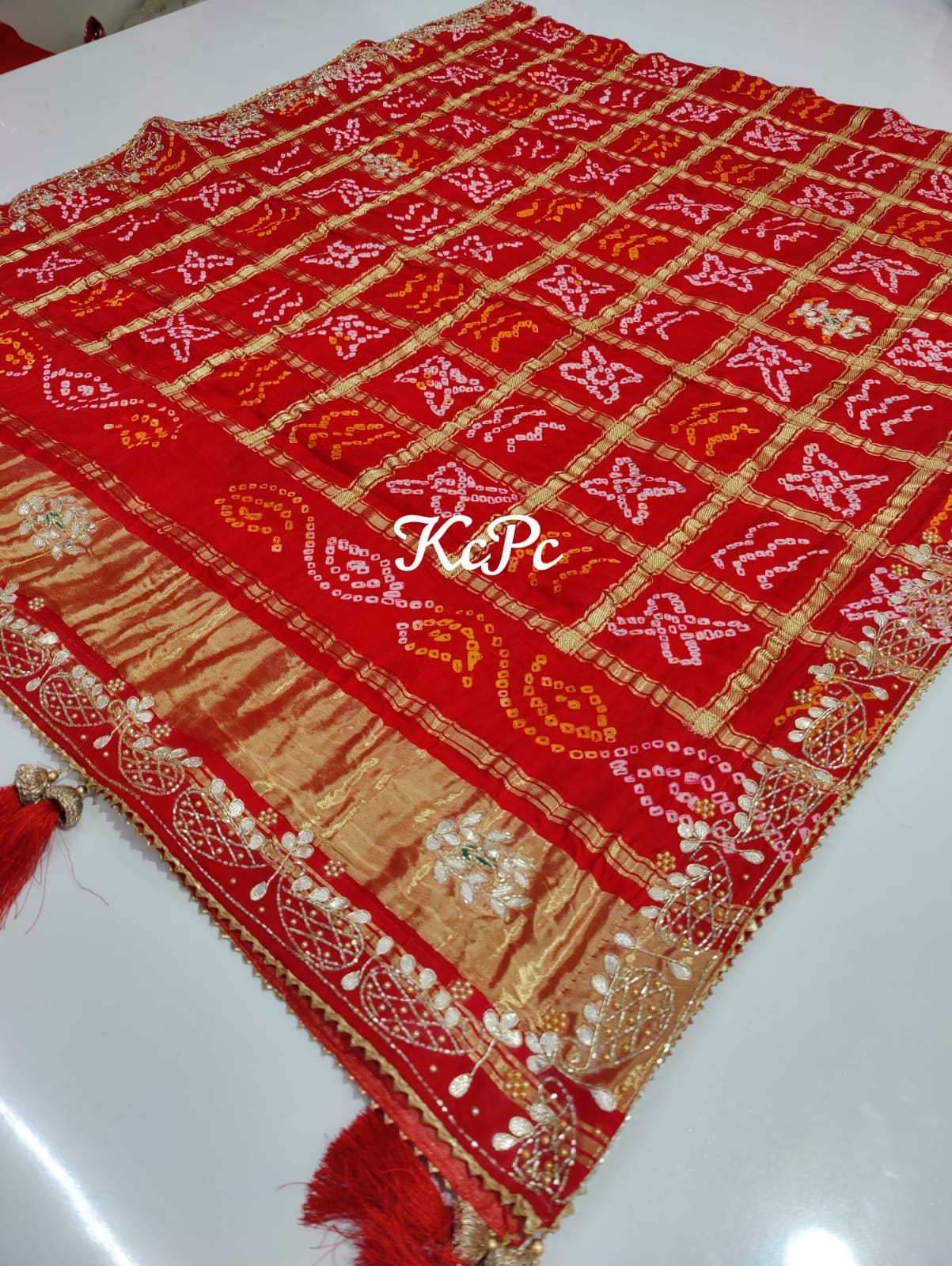 Pure Gaji Silk Bandhani Ghatchola Chunri Dupatta In Hand Cutdana Gotapatti Work Nr Kcpc