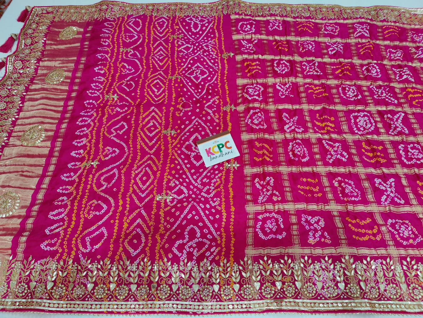 Pure Gaji Silk Bandhani Ghatchola Gotapatti Work Saree With Blouse Or Kcpc