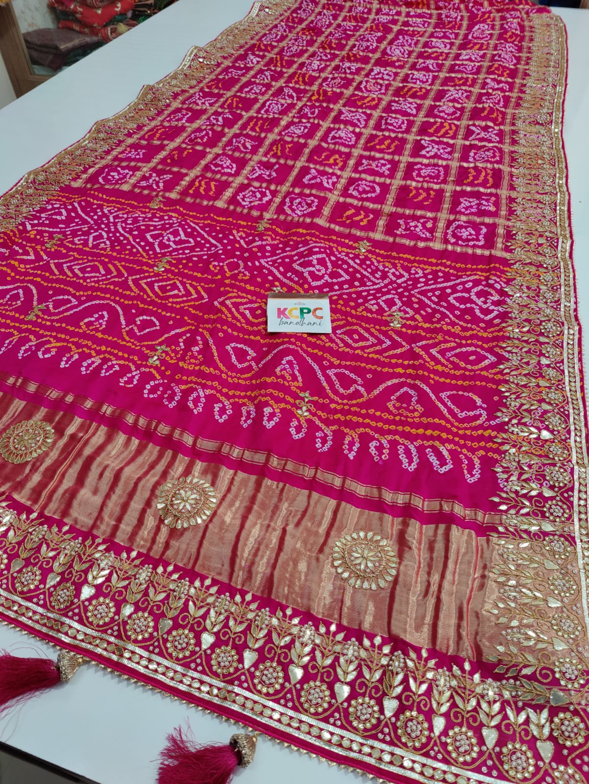 Pure Gaji Silk Bandhani Ghatchola Gotapatti Work Saree With Blouse Or Kcpc