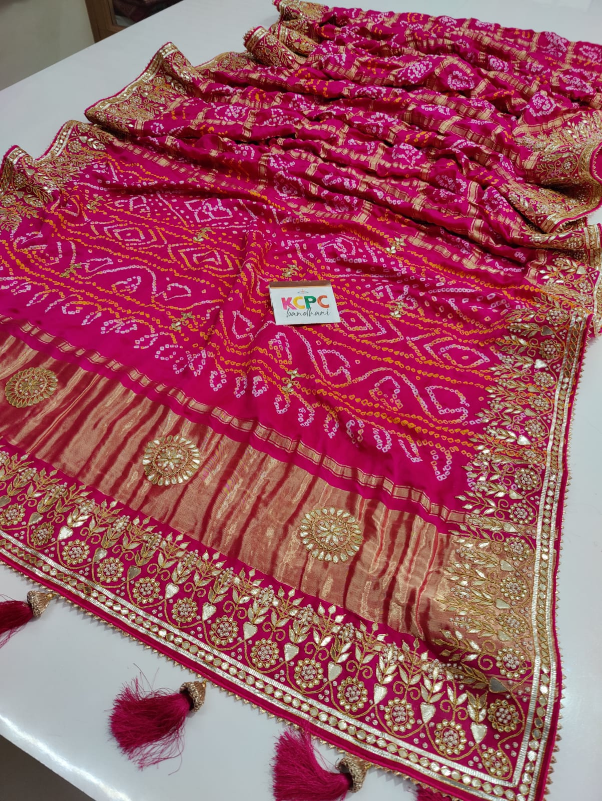 Pure Gaji Silk Bandhani Ghatchola Gotapatti Work Saree With Blouse Or Kcpc Rani