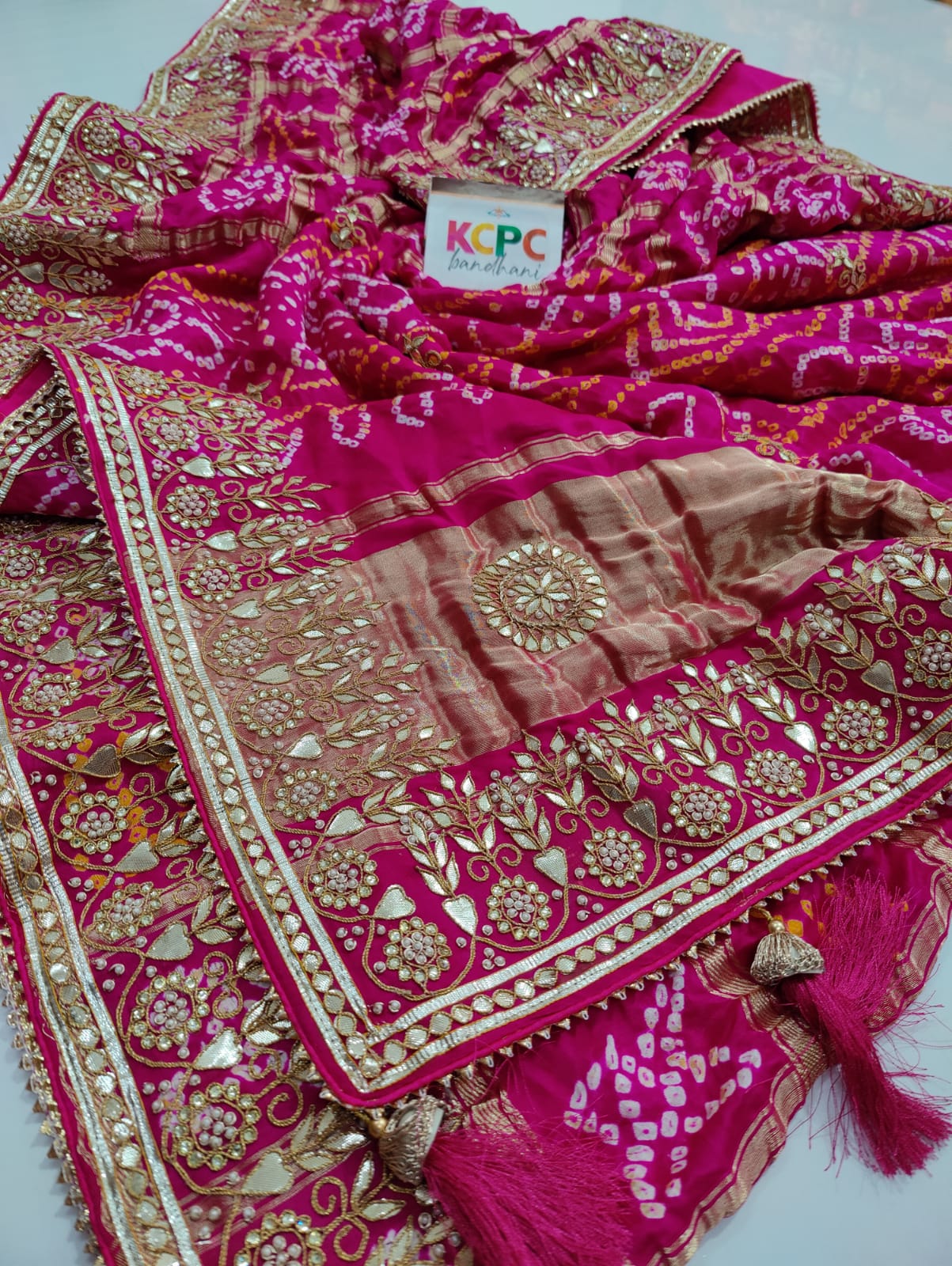 Pure Gaji Silk Bandhani Ghatchola Gotapatti Work Saree With Blouse Or Kcpc