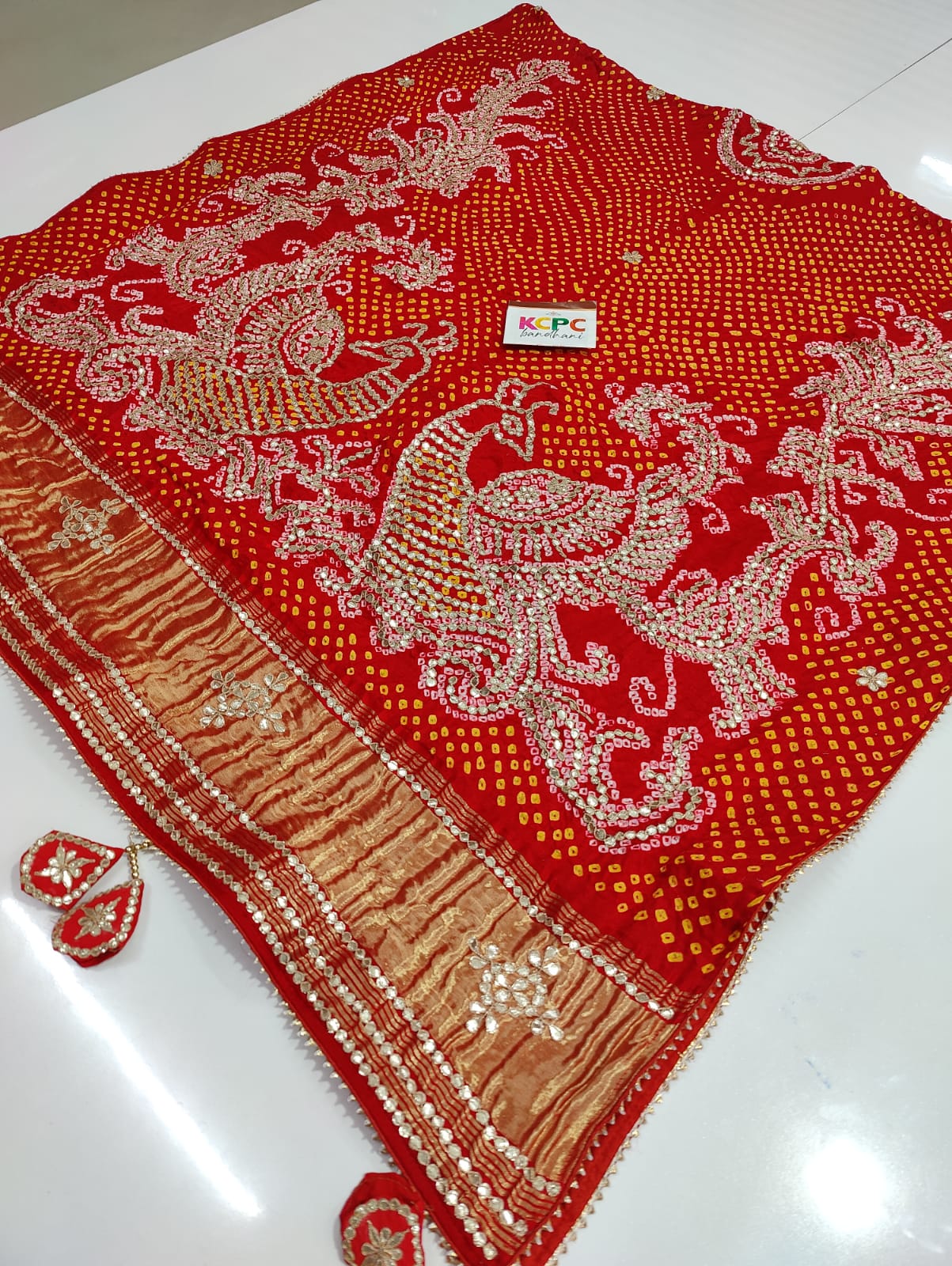 Pure Gaji Silk Bandhani Ghatchola Gotapatti Work Bridal Style Dupatta Nr Kcpc