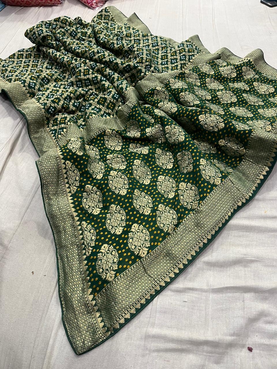 Pure Khaddi Viscos Georgette Bandhani Ghatchola Jangla Saree With Blouse Kcpc Nr Bottle Green