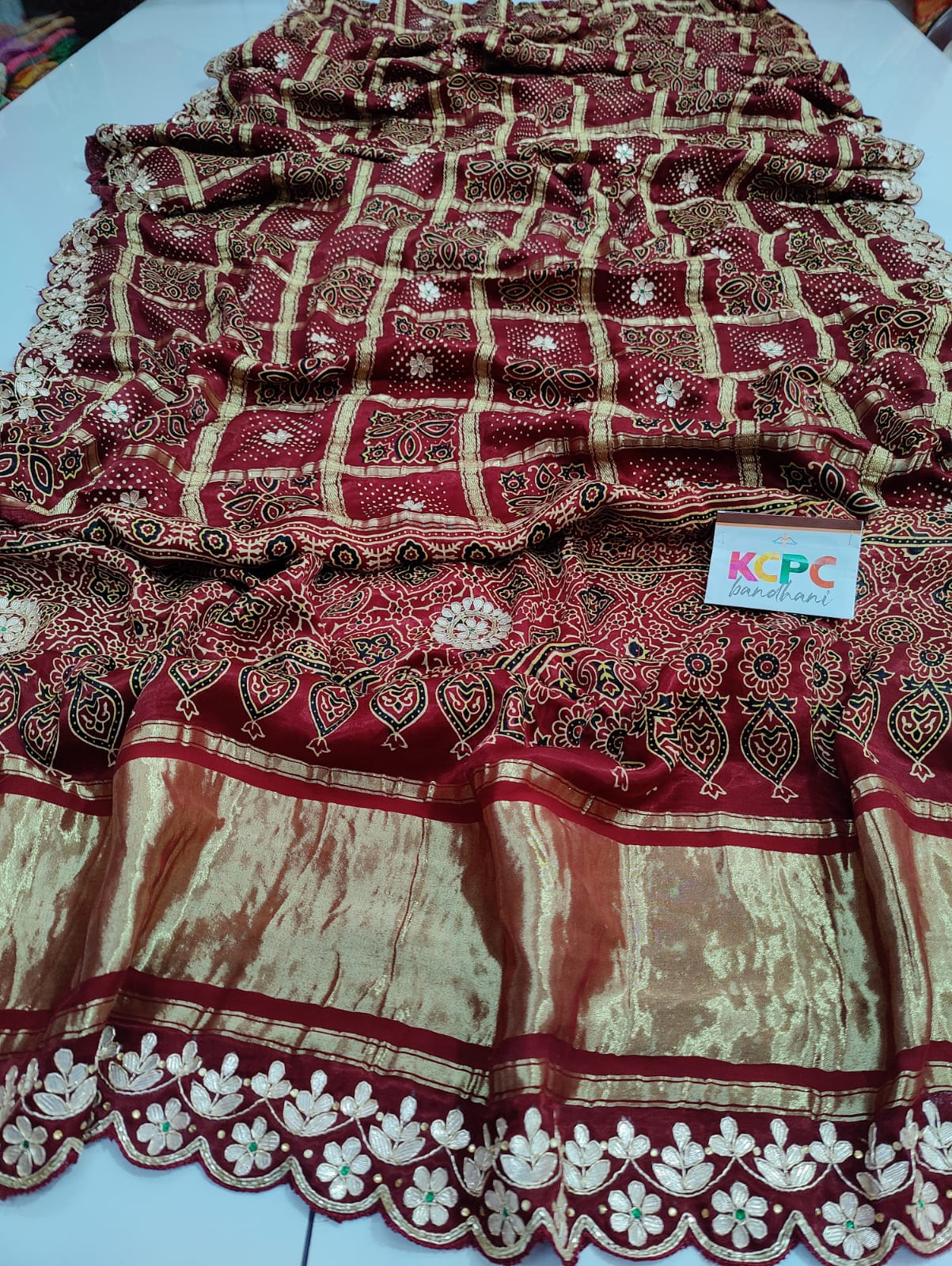 Pure Gaji Silk Bandhani Ajrakh Handblock Saree With Gotapatti Handwork