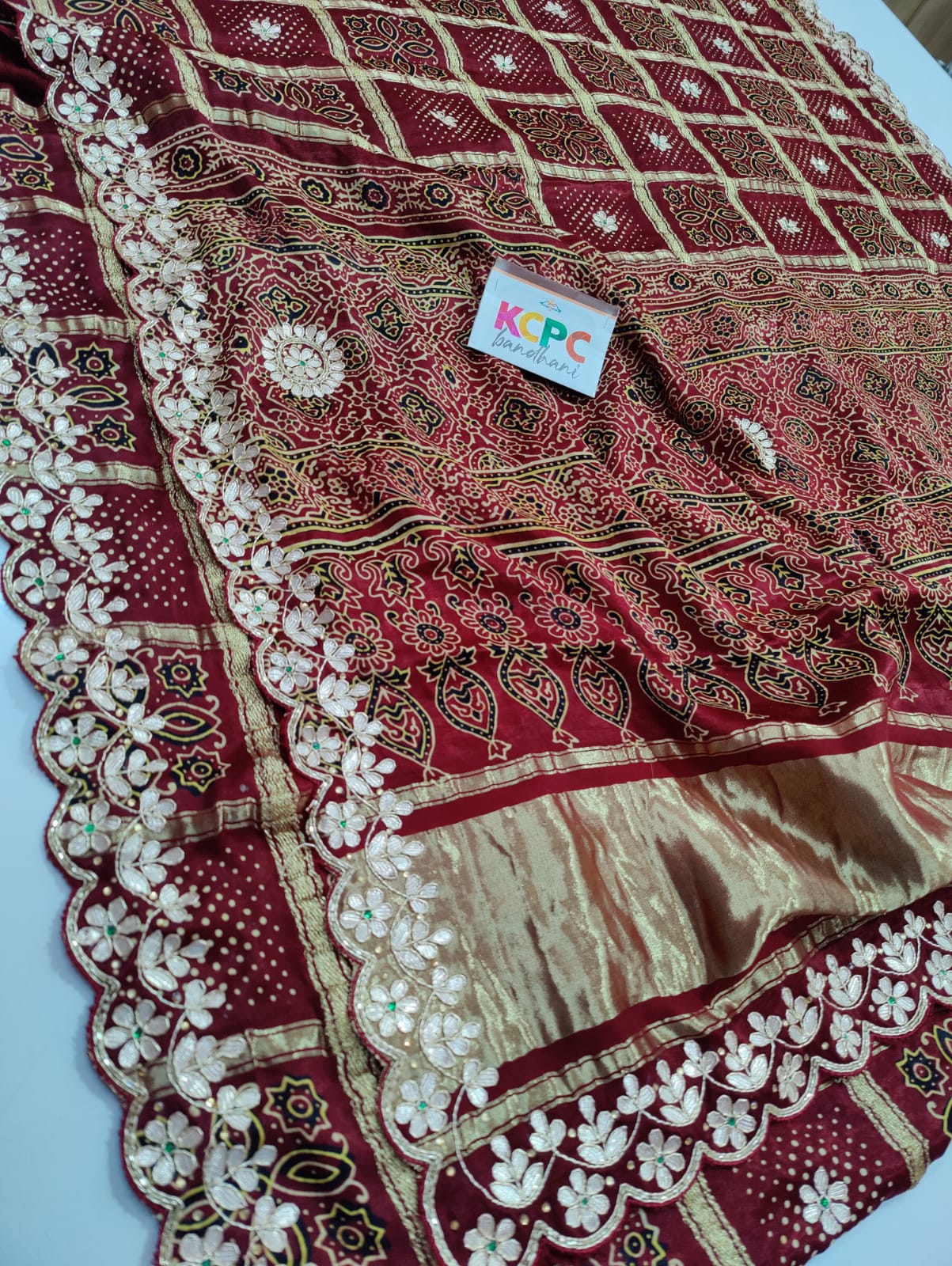 Pure Gaji Silk Bandhani Ajrakh Handblock Saree With Gotapatti Handwork