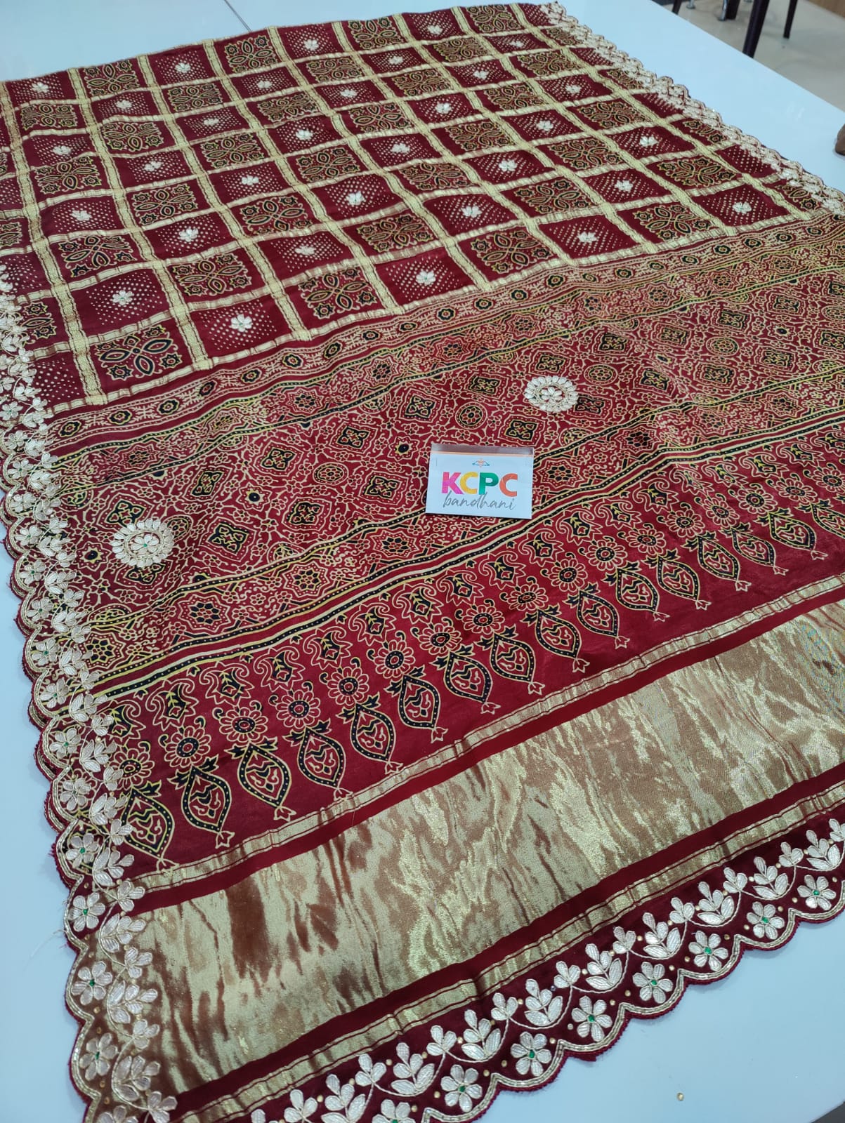 Pure Gaji Silk Bandhani Ajrakh Handblock Saree With Gotapatti Handwork