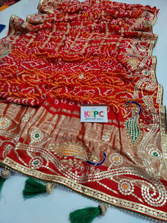 Pure Gaji Silk Bandhani Ghatchola Gotapatti Work Saree With Blouse