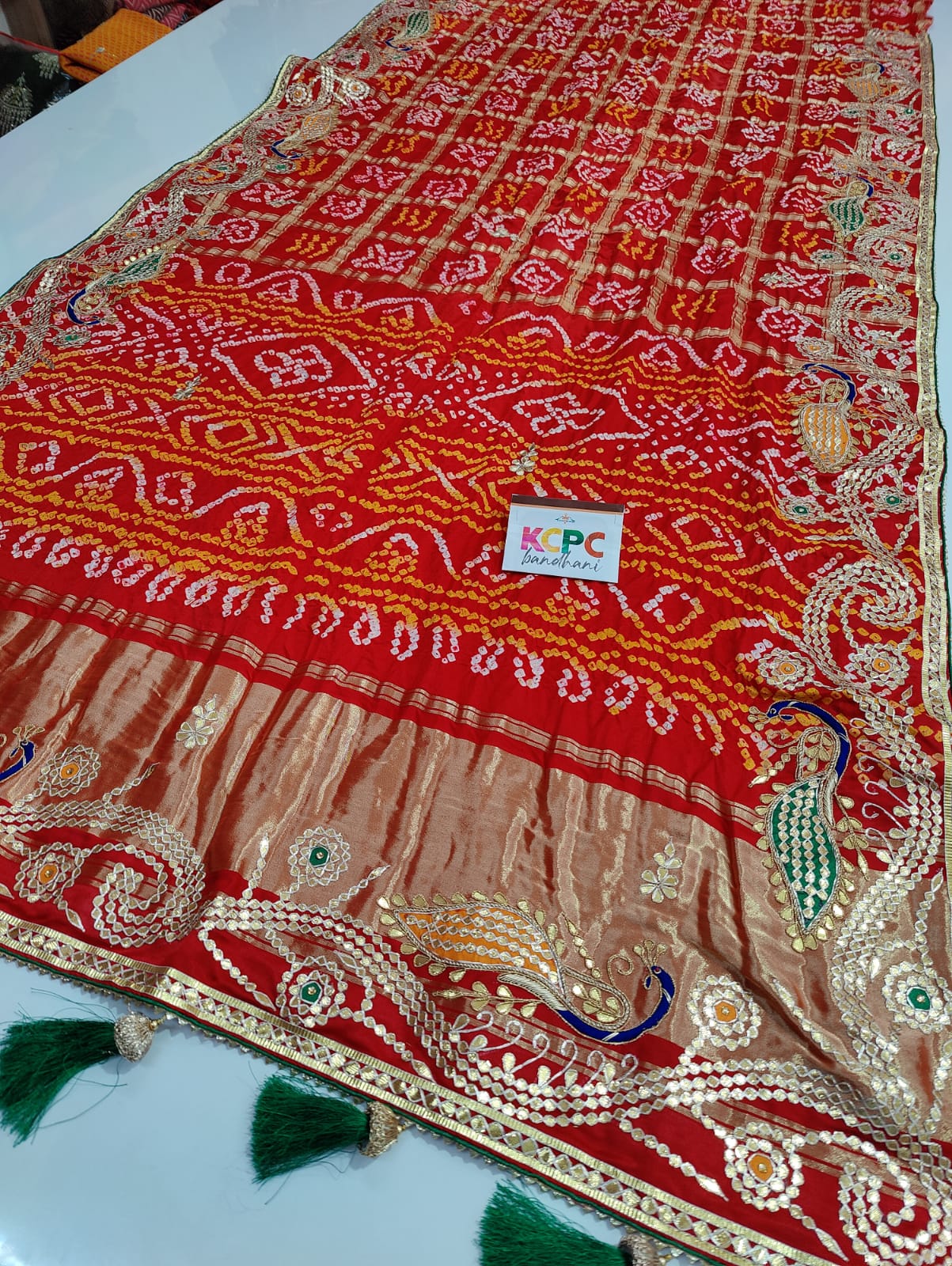 Pure Gaji Silk Bandhani Ghatchola Gotapatti Work Saree With Blouse