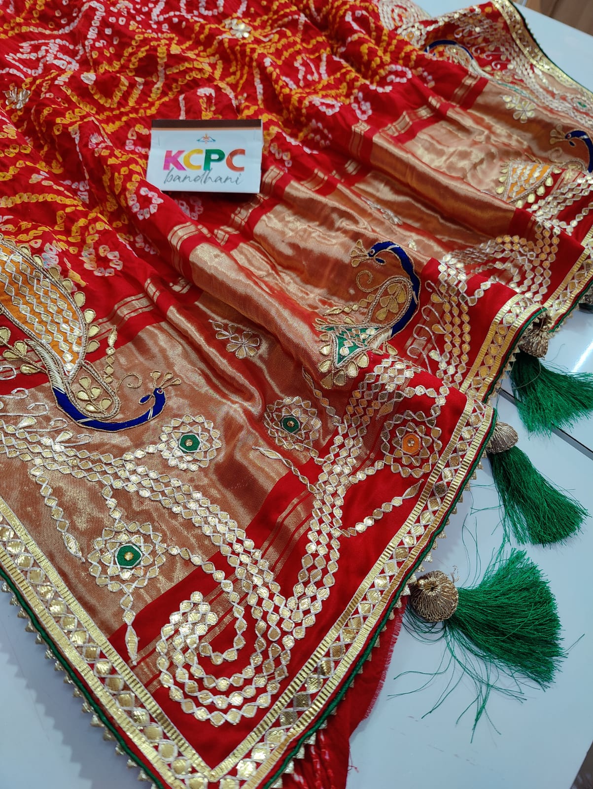 Pure Gaji Silk Bandhani Ghatchola Gotapatti Work Saree With Blouse