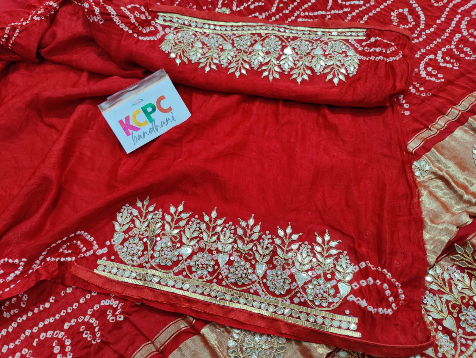 Pure Gaji Silk Bandhani Ghatchola Gotapatti Work Saree With Blouse Or Kcpc