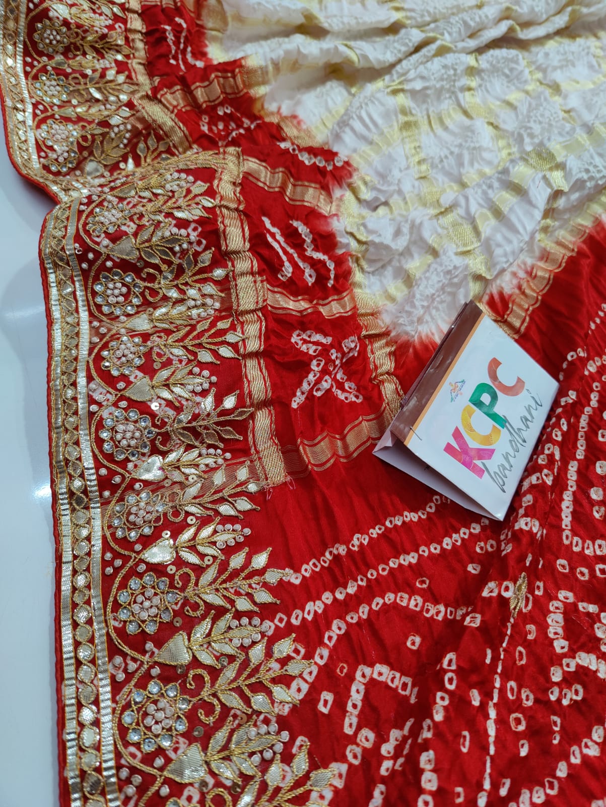 Pure Gaji Silk Bandhani Ghatchola Gotapatti Work Saree With Blouse Or Kcpc