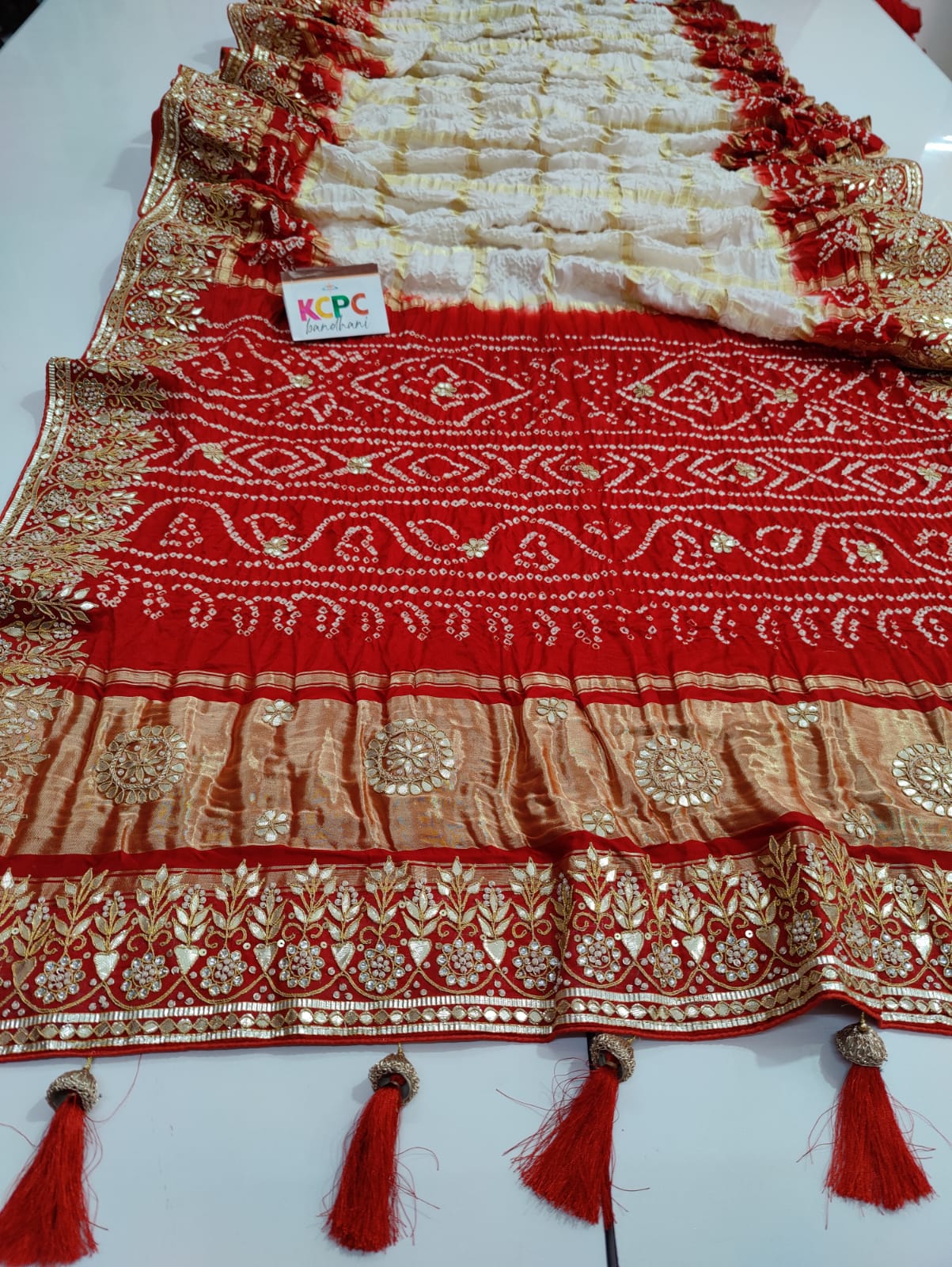 Pure Gaji Silk Bandhani Ghatchola Gotapatti Work Saree With Blouse Or Kcpc