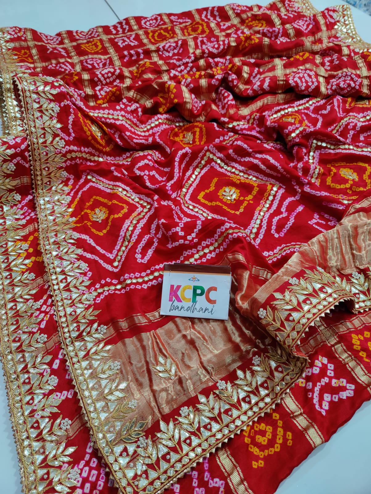 Pure Gaji Silk Bandhani Ghatchola Gotapatti Work Saree With Blouse Or Kcpc