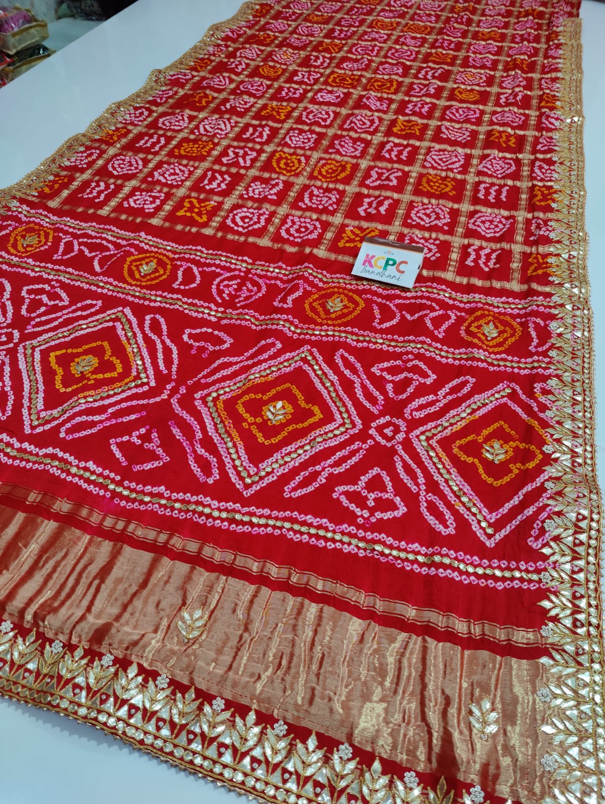 Pure Gaji Silk Bandhani Ghatchola Gotapatti Work Saree With Blouse Or Kcpc