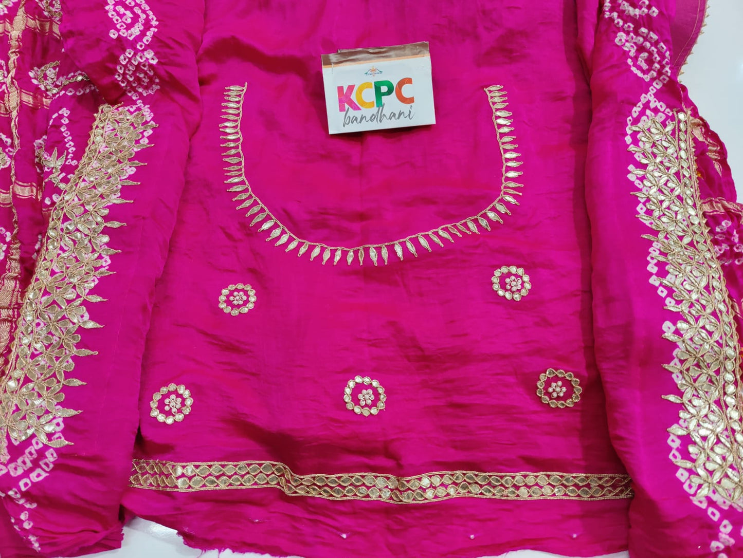 Pure Gaji Silk Bandhani Ghatchola Gotapatti Work Saree With Blouse Or Kcpc