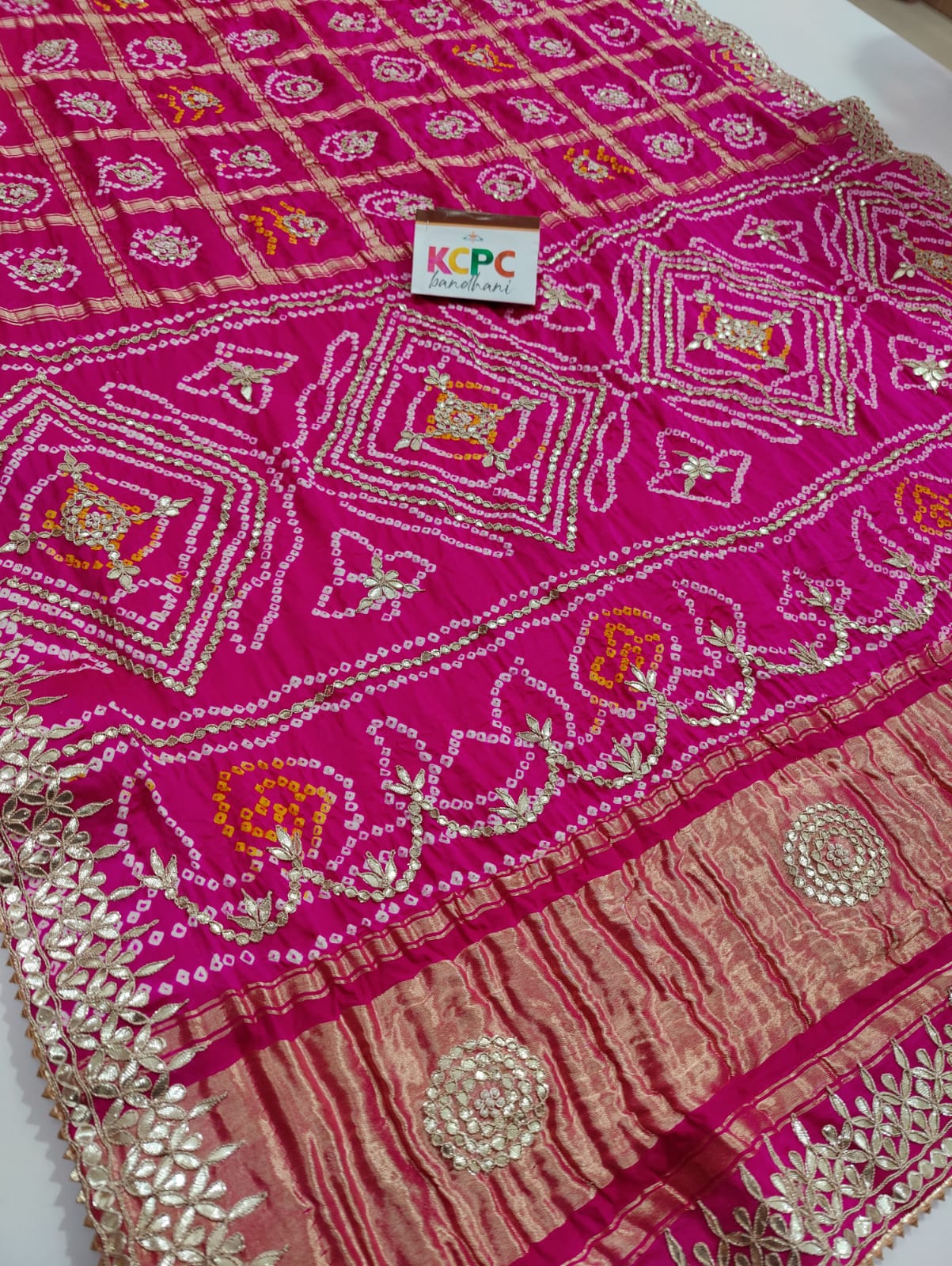 Pure Gaji Silk Bandhani Ghatchola Gotapatti Work Saree With Blouse Or Kcpc