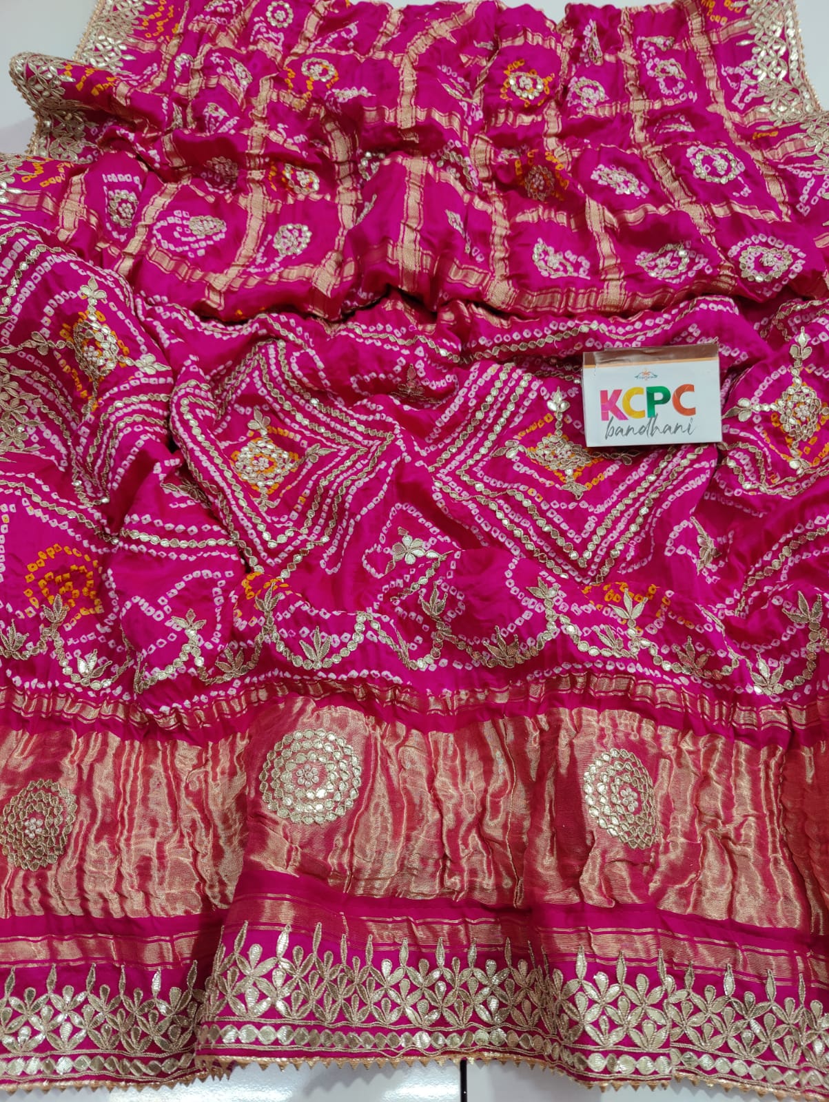 Pure Gaji Silk Bandhani Ghatchola Gotapatti Work Saree With Blouse Or Kcpc