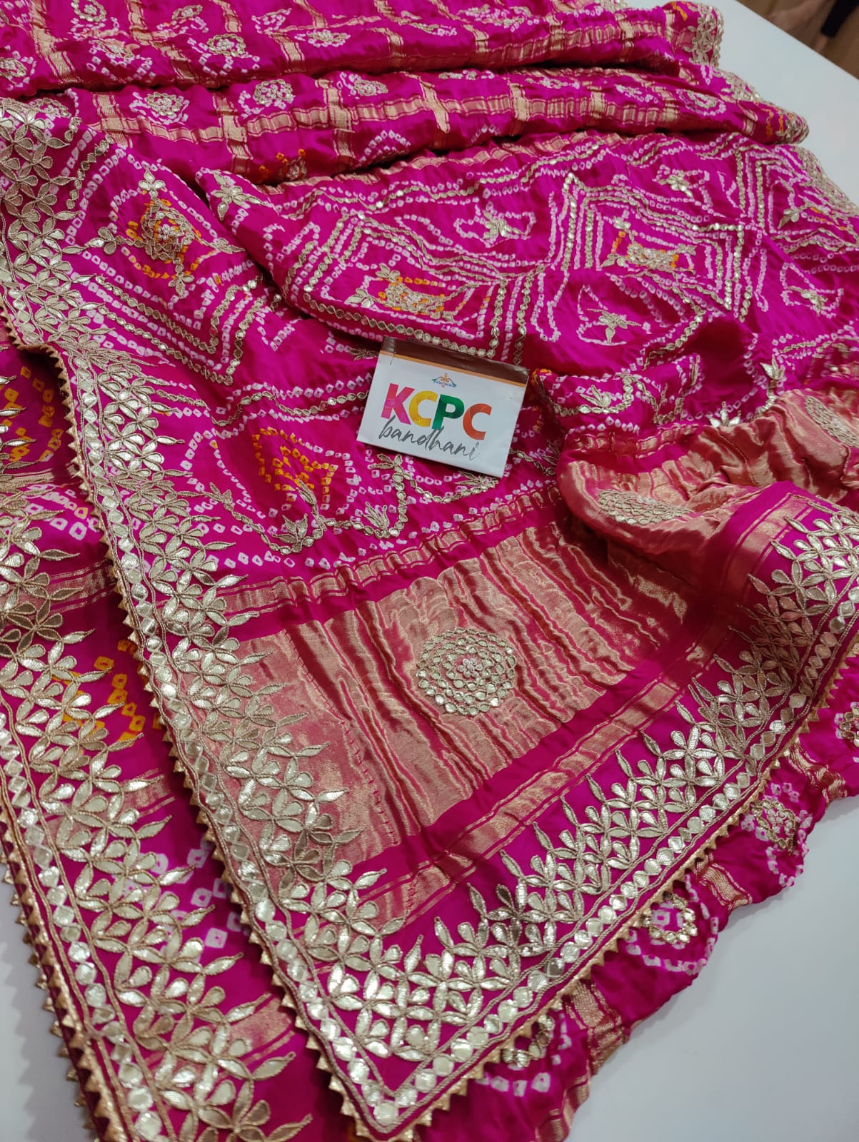 Pure Gaji Silk Bandhani Ghatchola Gotapatti Work Saree With Blouse Or Kcpc