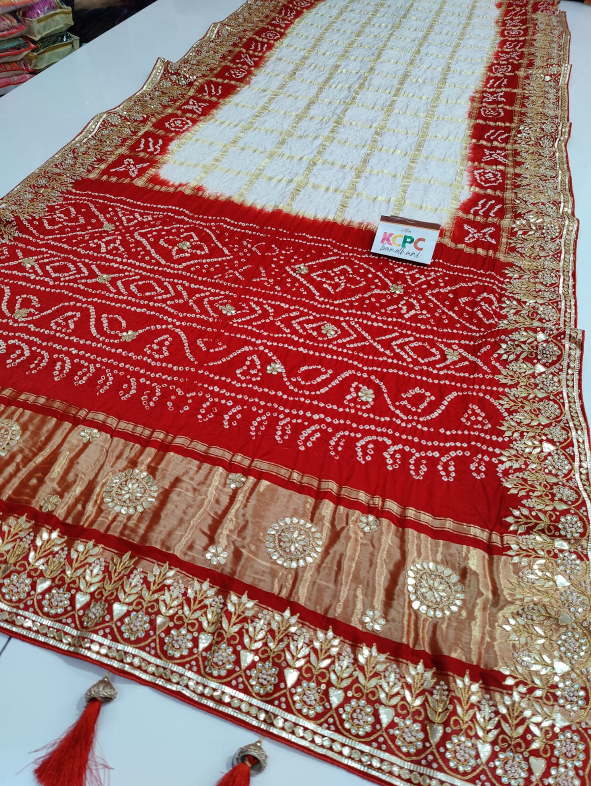 Pure Gaji Silk Bandhani Ghatchola Gotapatti Work Saree With Blouse Or Kcpc