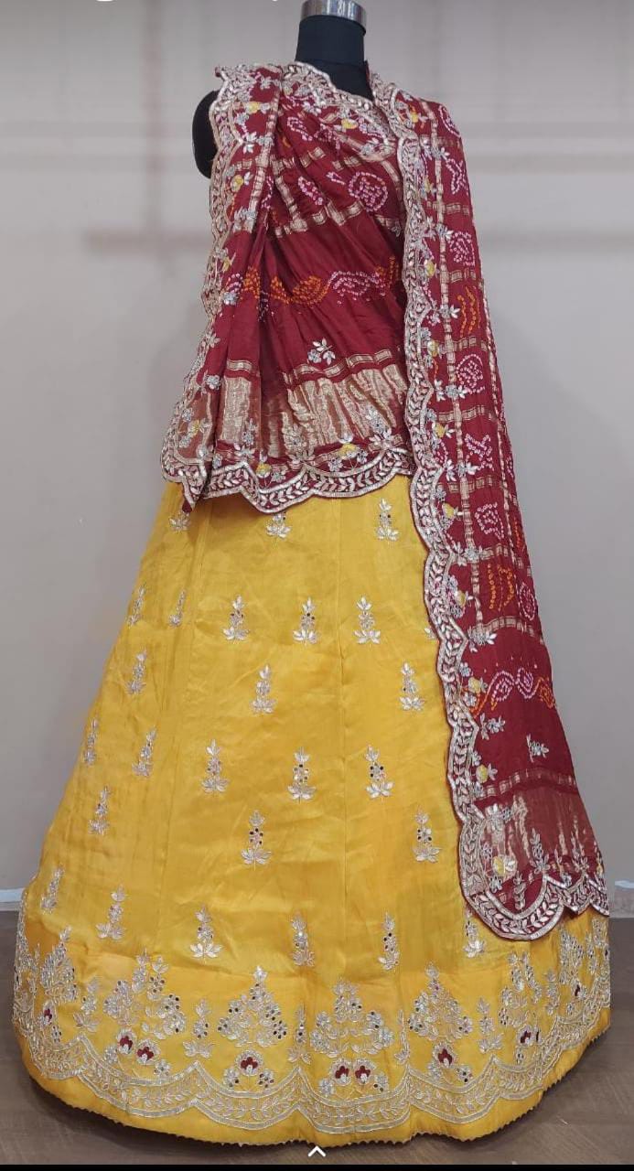 Pure Upadasilk Lehenga With Pure Gajji Silk Dupptta
Gotapatti Zardoji Moti Foil Work Yellow - Red