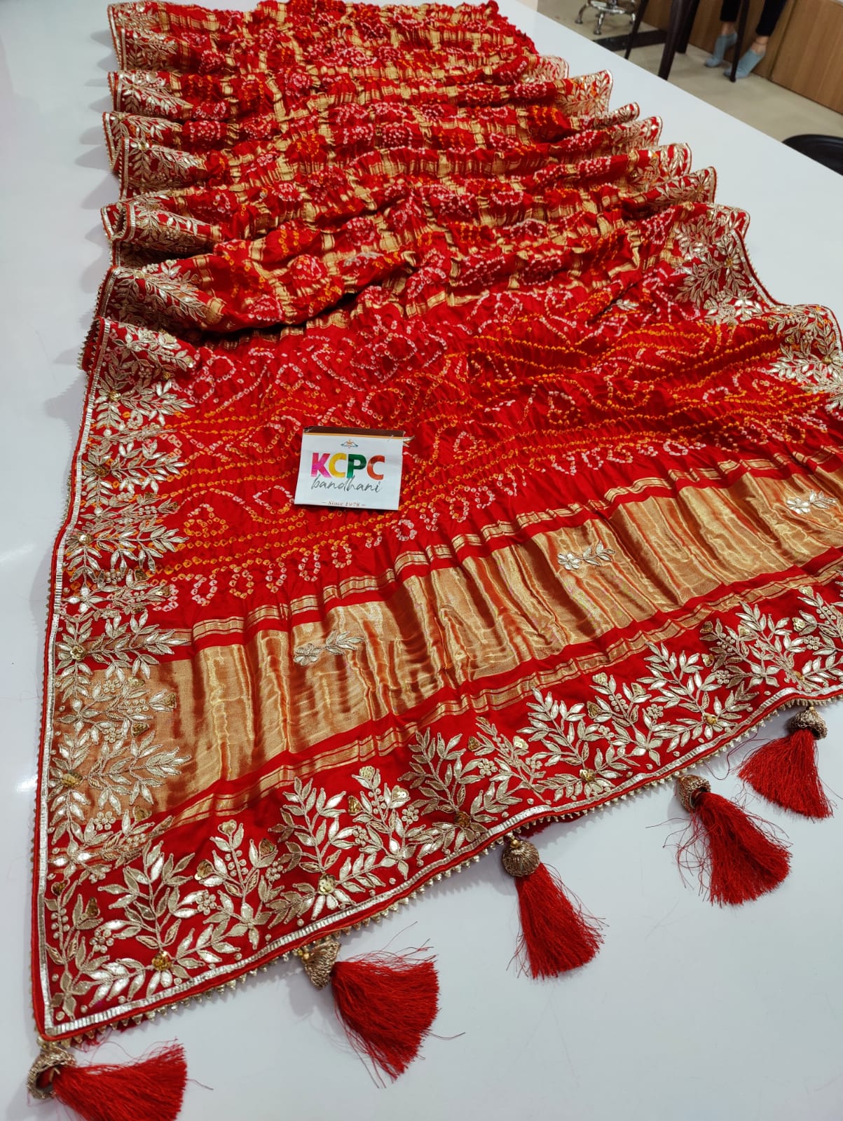 Pure Gaji Silk Bandhani Ghatchola Heavy Gotapatti Work Saree Nr Kcpc Red